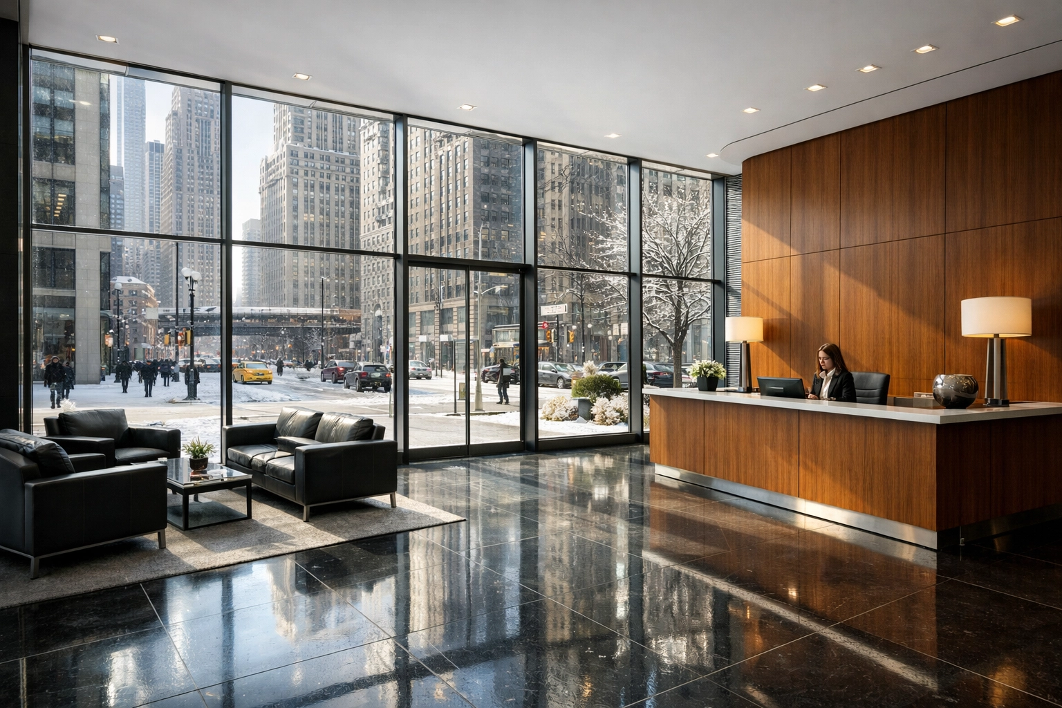 Clean polished lobby of a Chicago office building during winter showcasing professional floor maintenance.