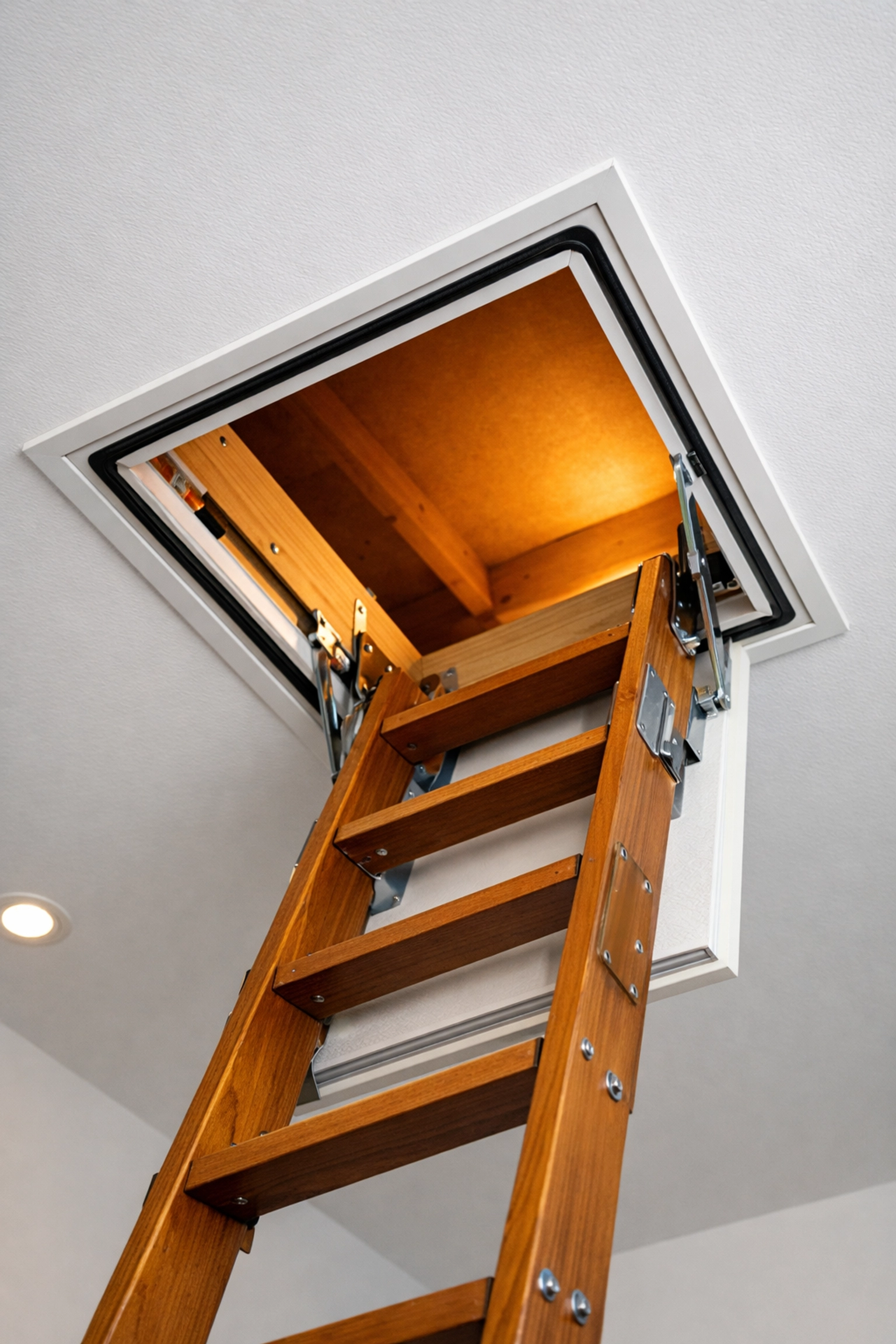 A modern, insulated and draft-proof loft hatch with weather-stripping to prevent heat loss.