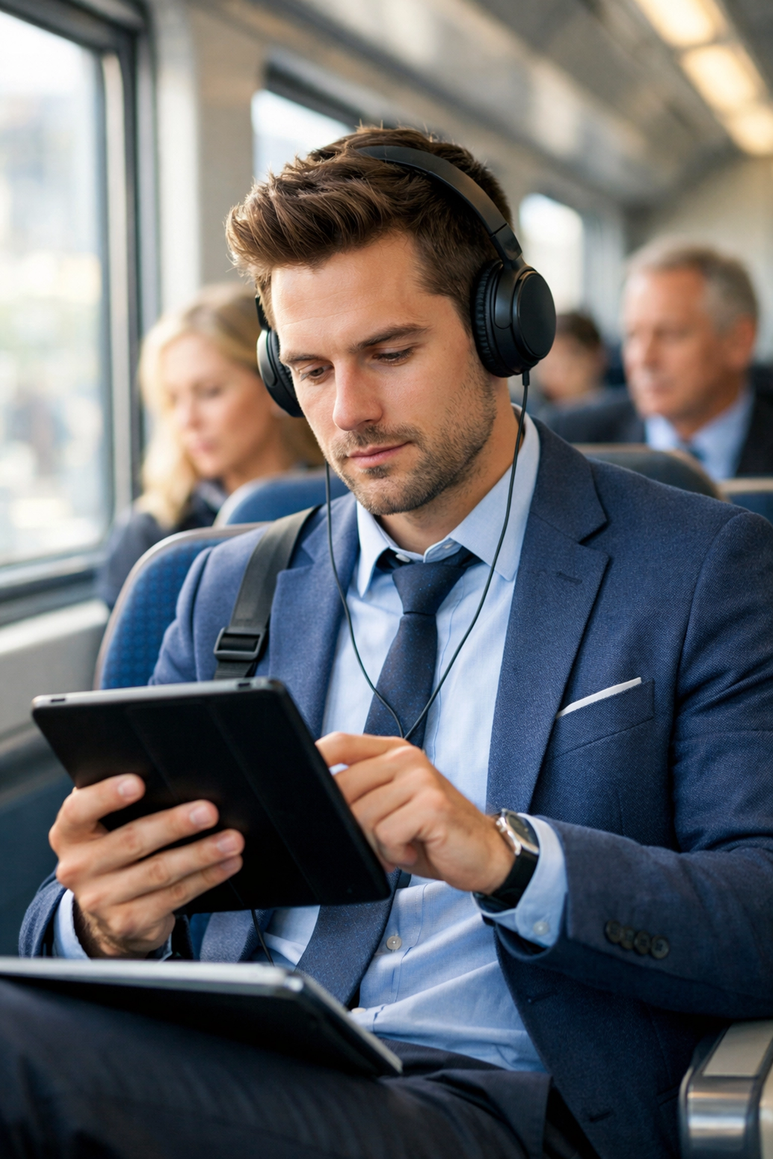 Professional studying for CLEP exam on tablet during commute to work