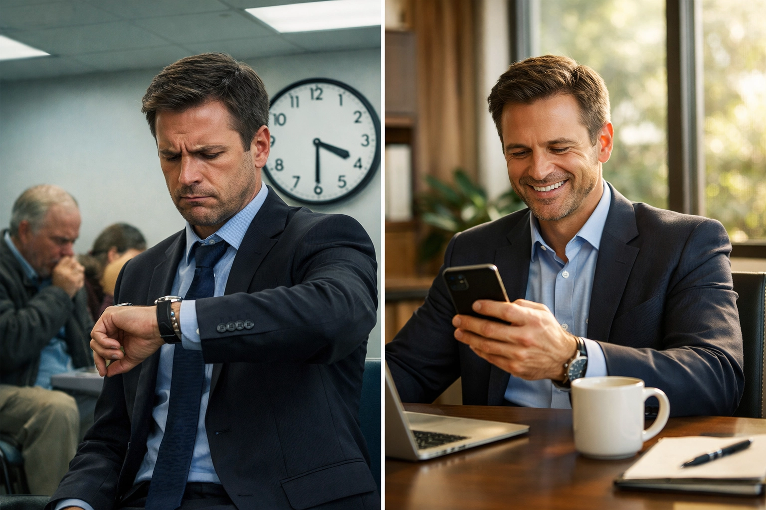 Busy professional comparing urgent care waiting room versus online doctor consultation