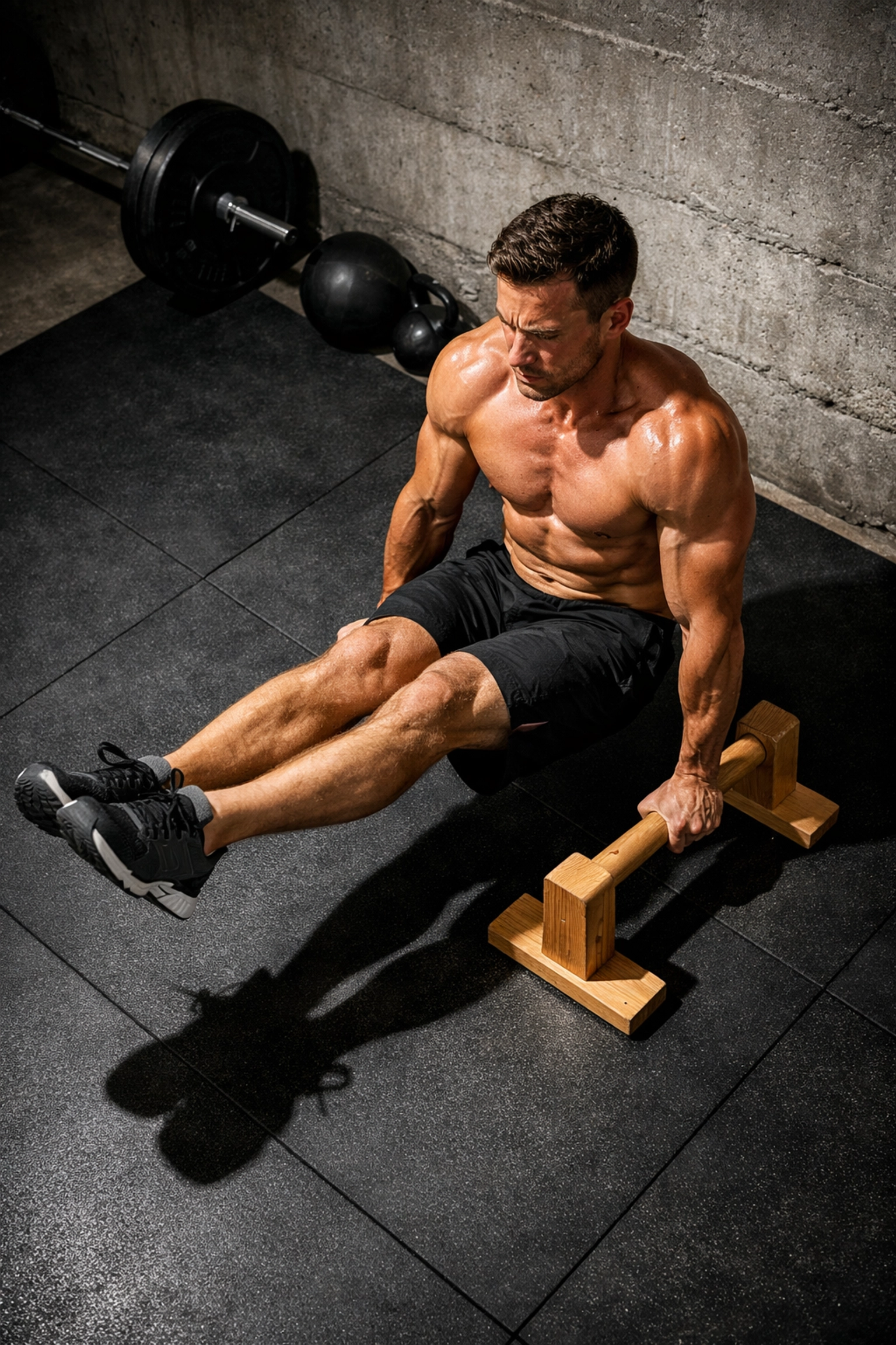 Athlete performing L-sit hold on wooden parallettes during home calisthenics workout