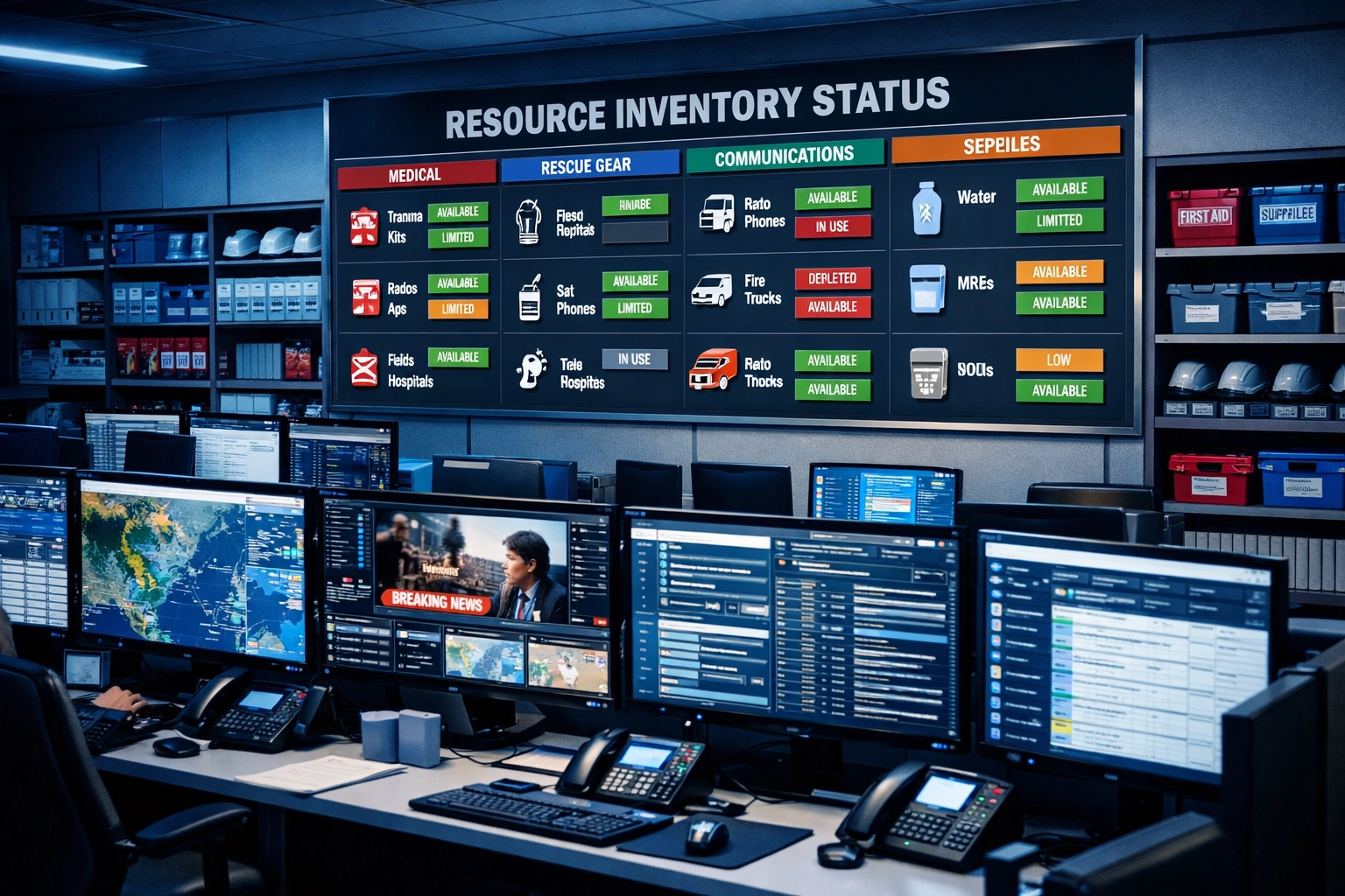 Emergency operations center with organized resource inventory and equipment tracking