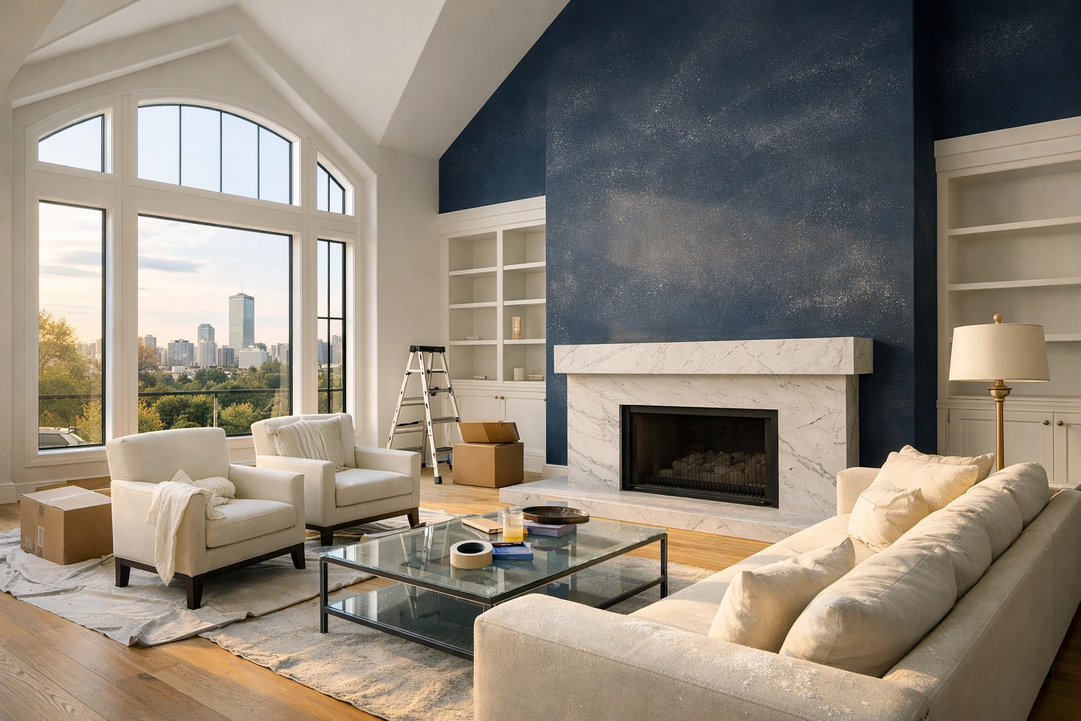 Post-construction cleaning in a Boston luxury living room removing fine drywall dust for safety.