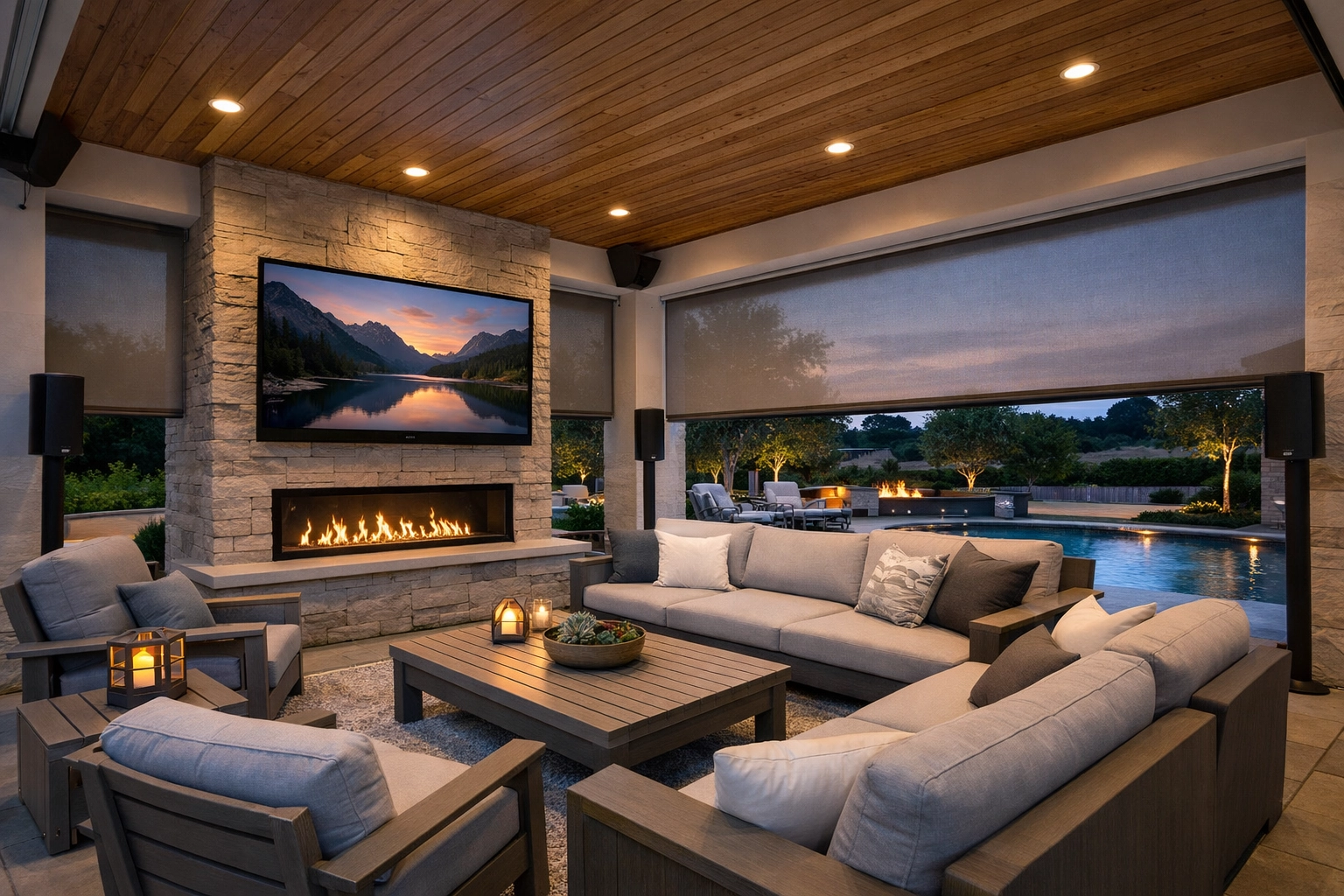 Westlake outdoor entertainment area with motorized shades and smart integration