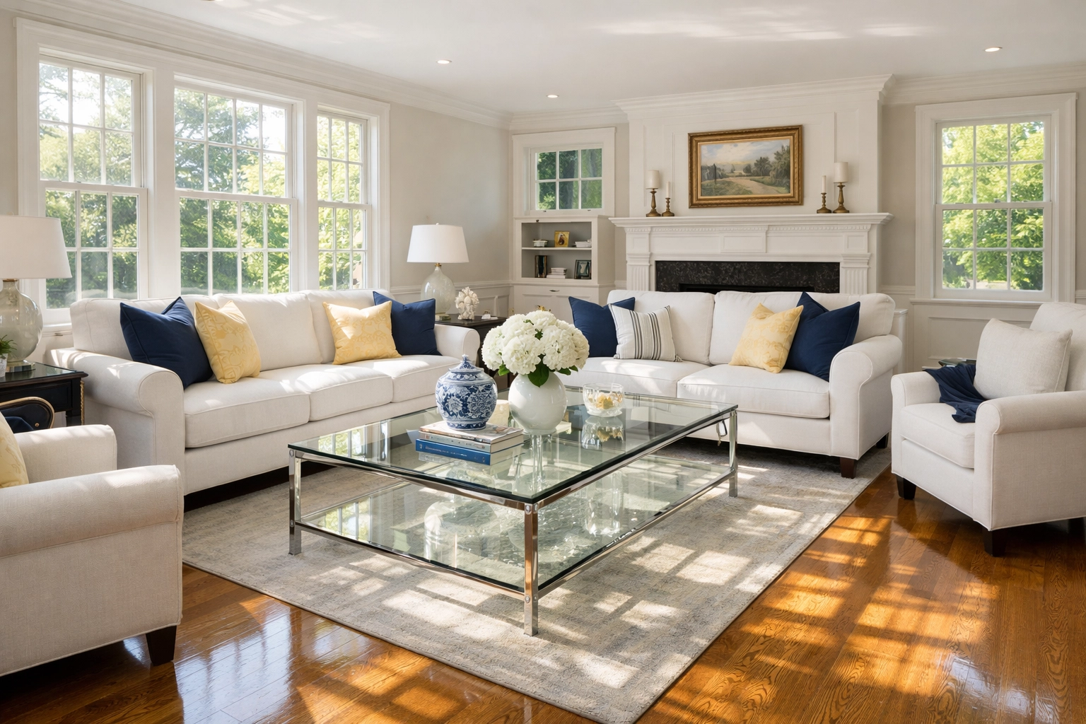A serene, sunlit living room in Marlborough with sparkling floors after a weekly house cleaning service.
