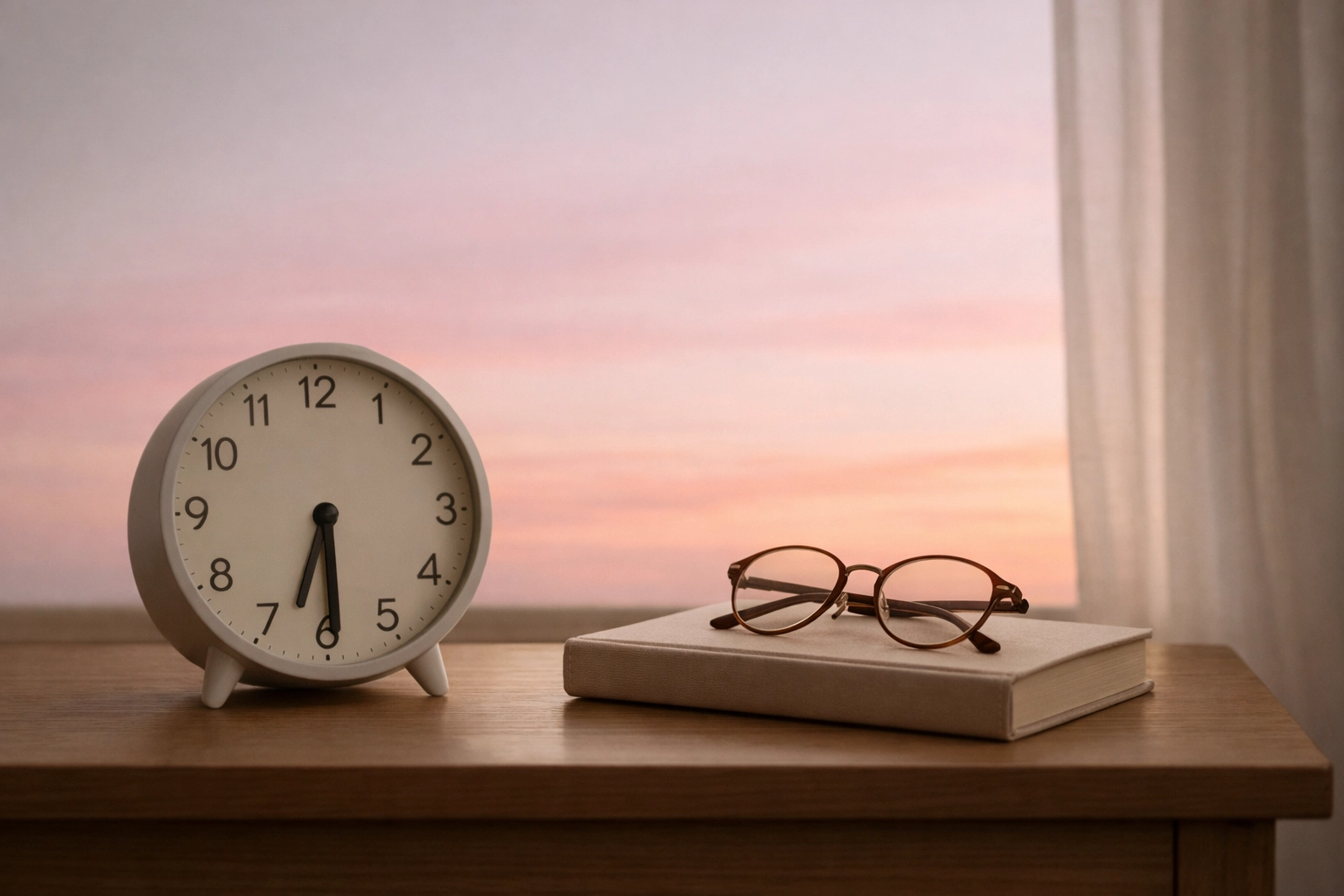 Serene nightstand with a clock and book at dawn symbolizing a technology-free morning routine.