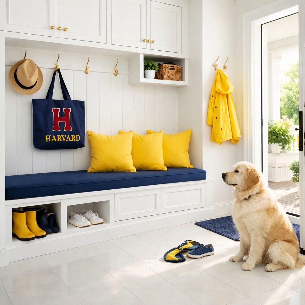 A tidy, sunlit Harvard mudroom with a clean floor, prepared for guests and pet-friendly cleaners.
