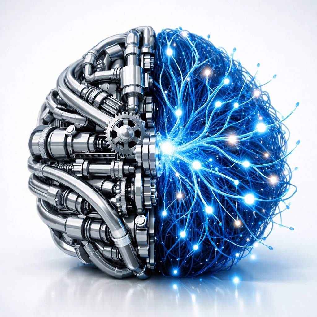 A hybrid structure of mechanical gears and digital neurons representing AI and rule-based workflow automation.