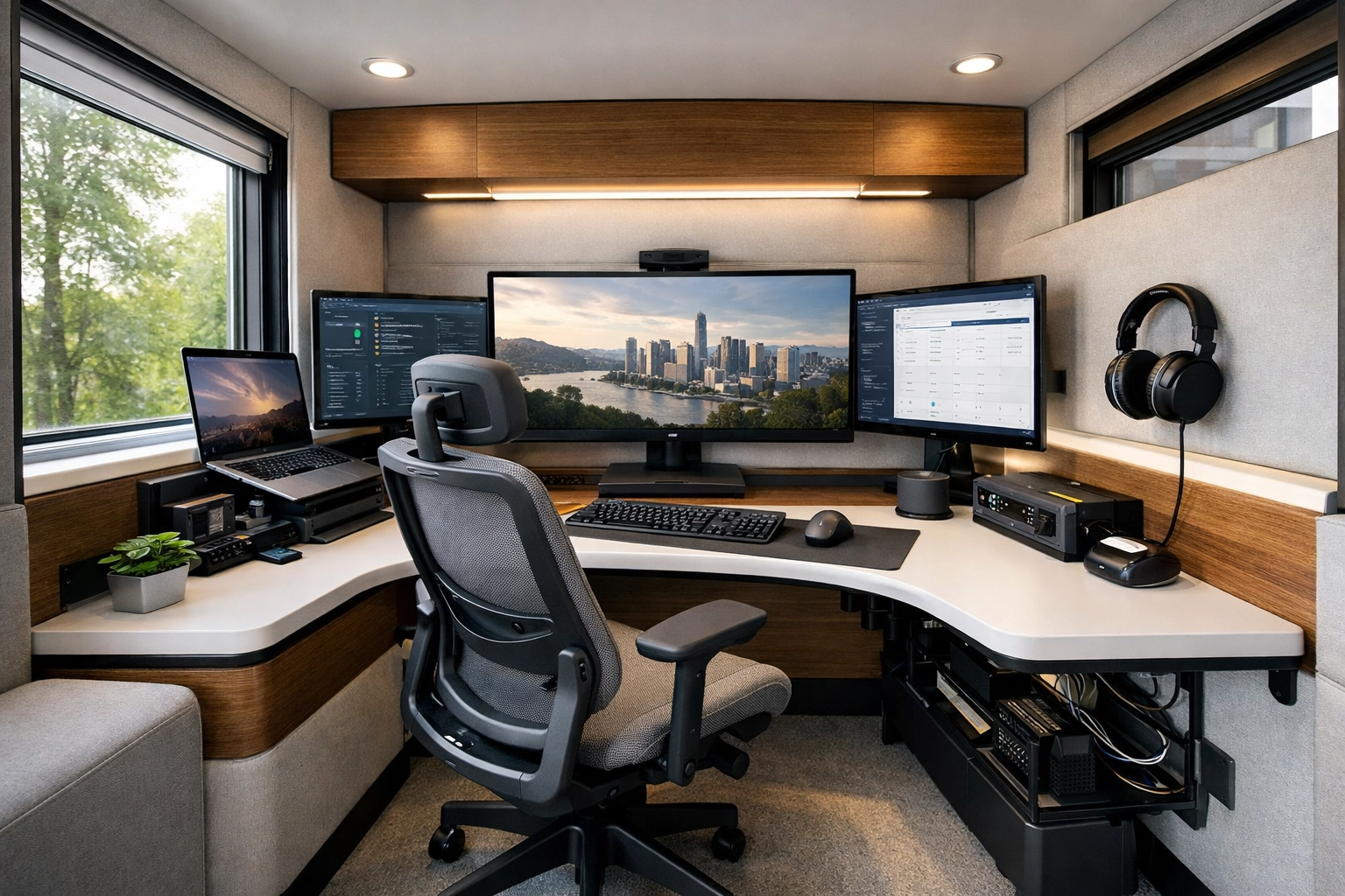 Modern Pod workspace interior with ergonomic furniture and multiple monitors for workforce training