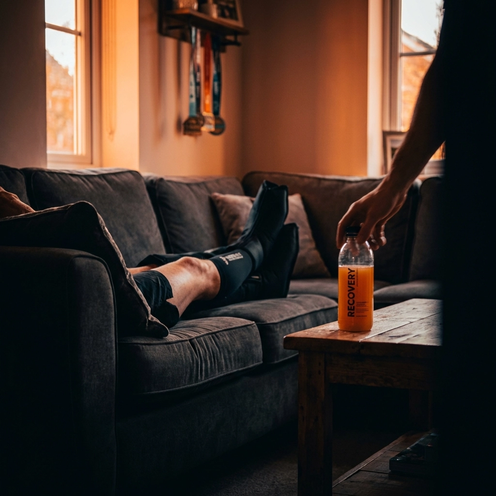 Runner resting with compression boots and electrolyte drink, focusing on recovery after back-to-back marathons.