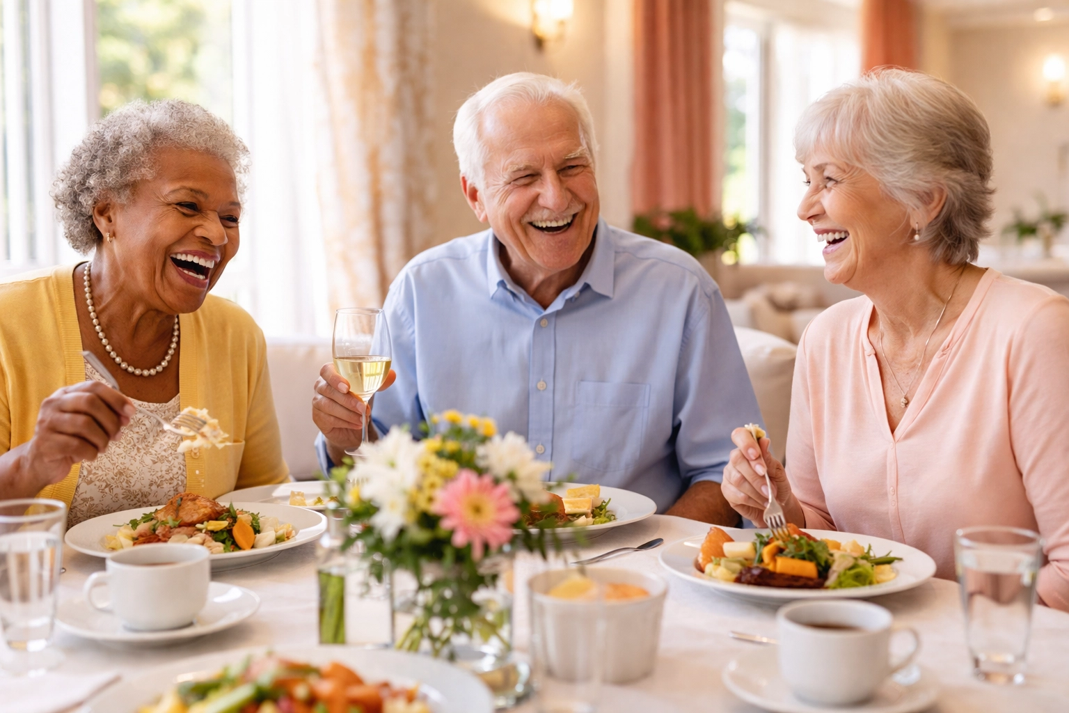Seniors enjoying a chef-prepared meal together in a social Sarasota assisted living dining room