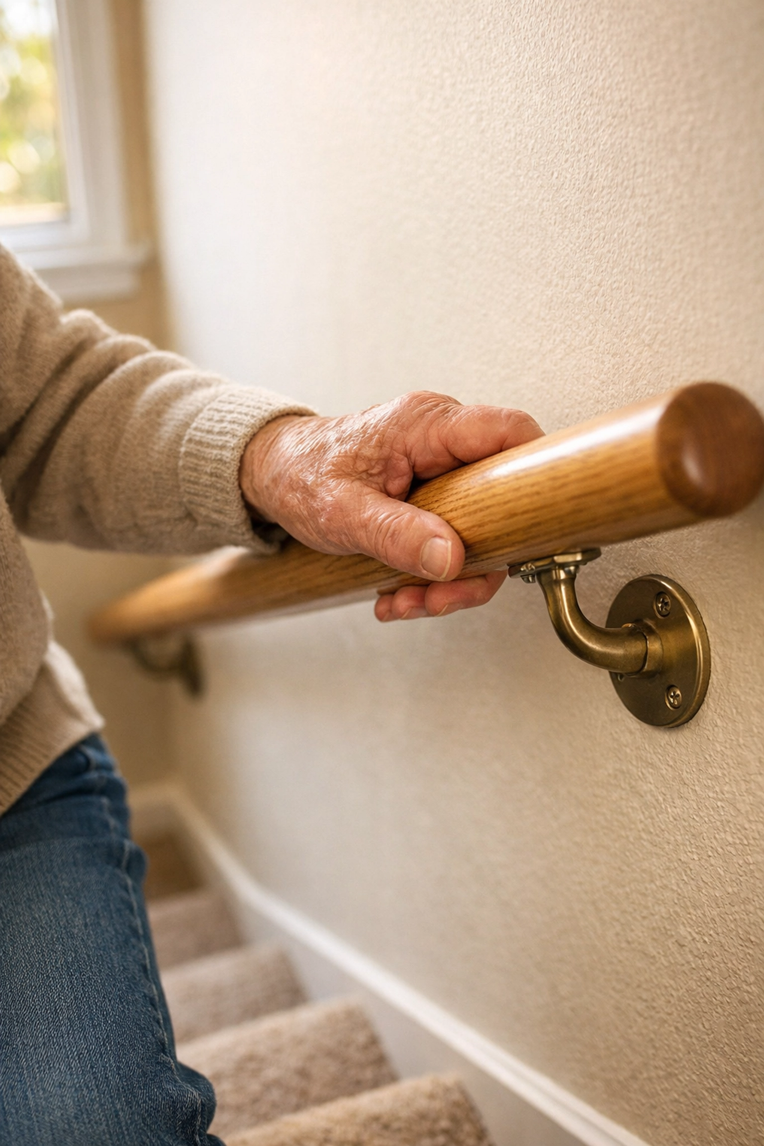 A senior's hand using a secure power grip on a home stair handrail for better stability.