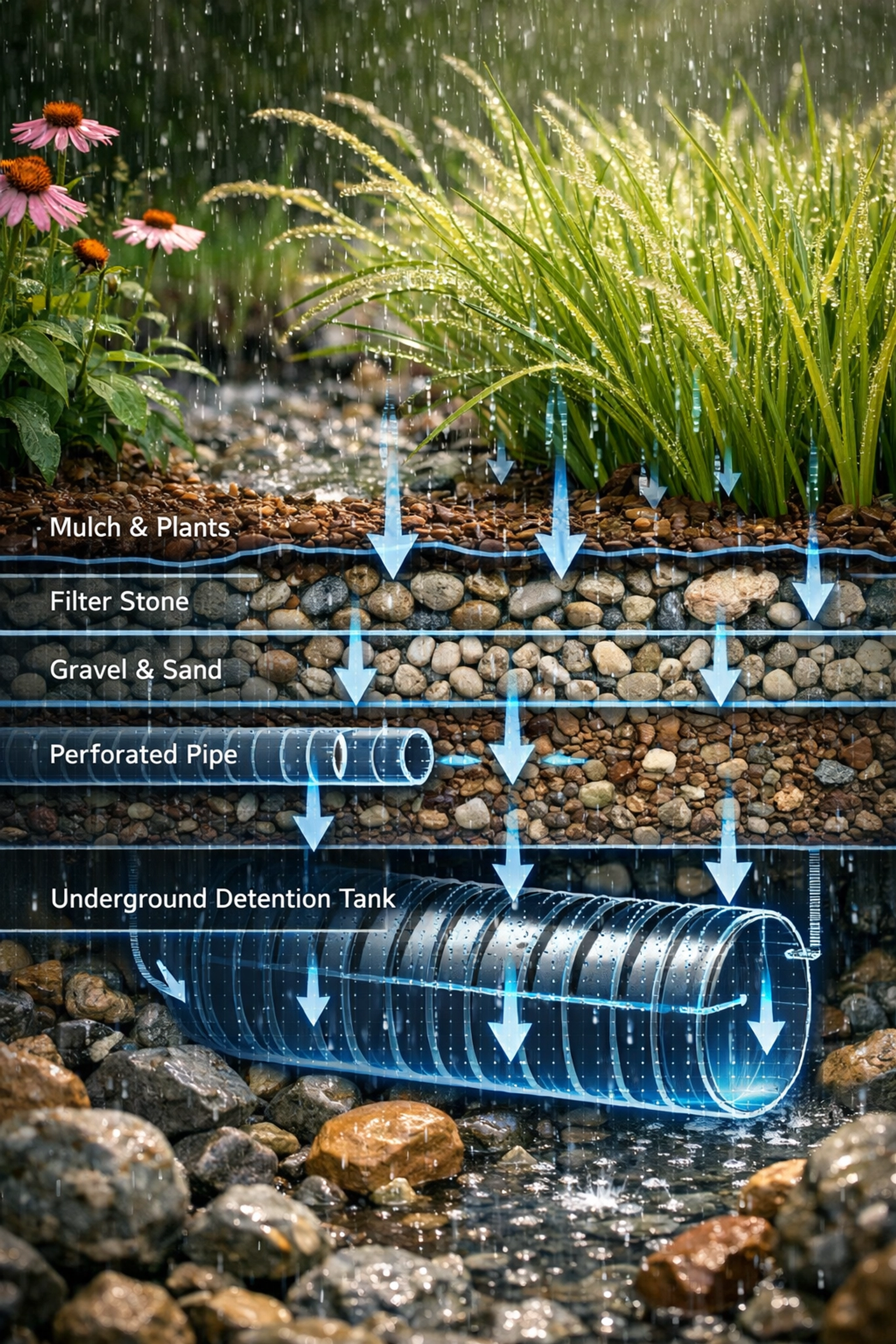 Sustainable Ontario stormwater management featuring a bioswale and LID engineering technical overlays.