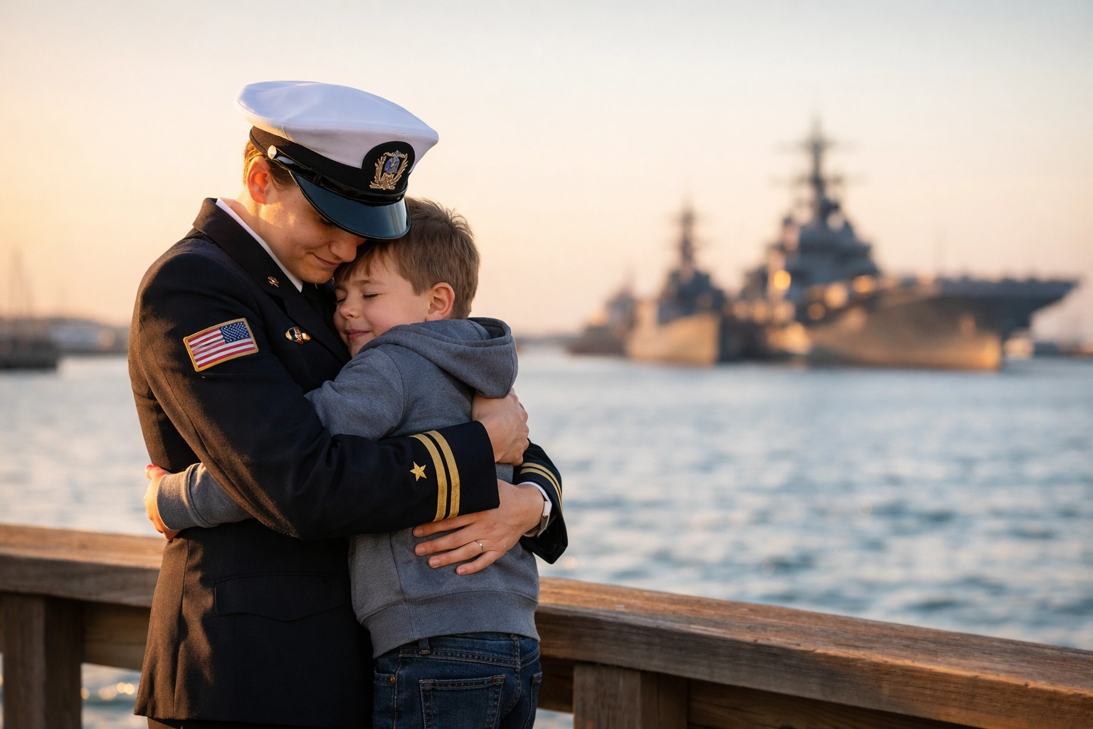 Navy service member embracing child at Hampton Roads waterfront representing military family divorce challenges