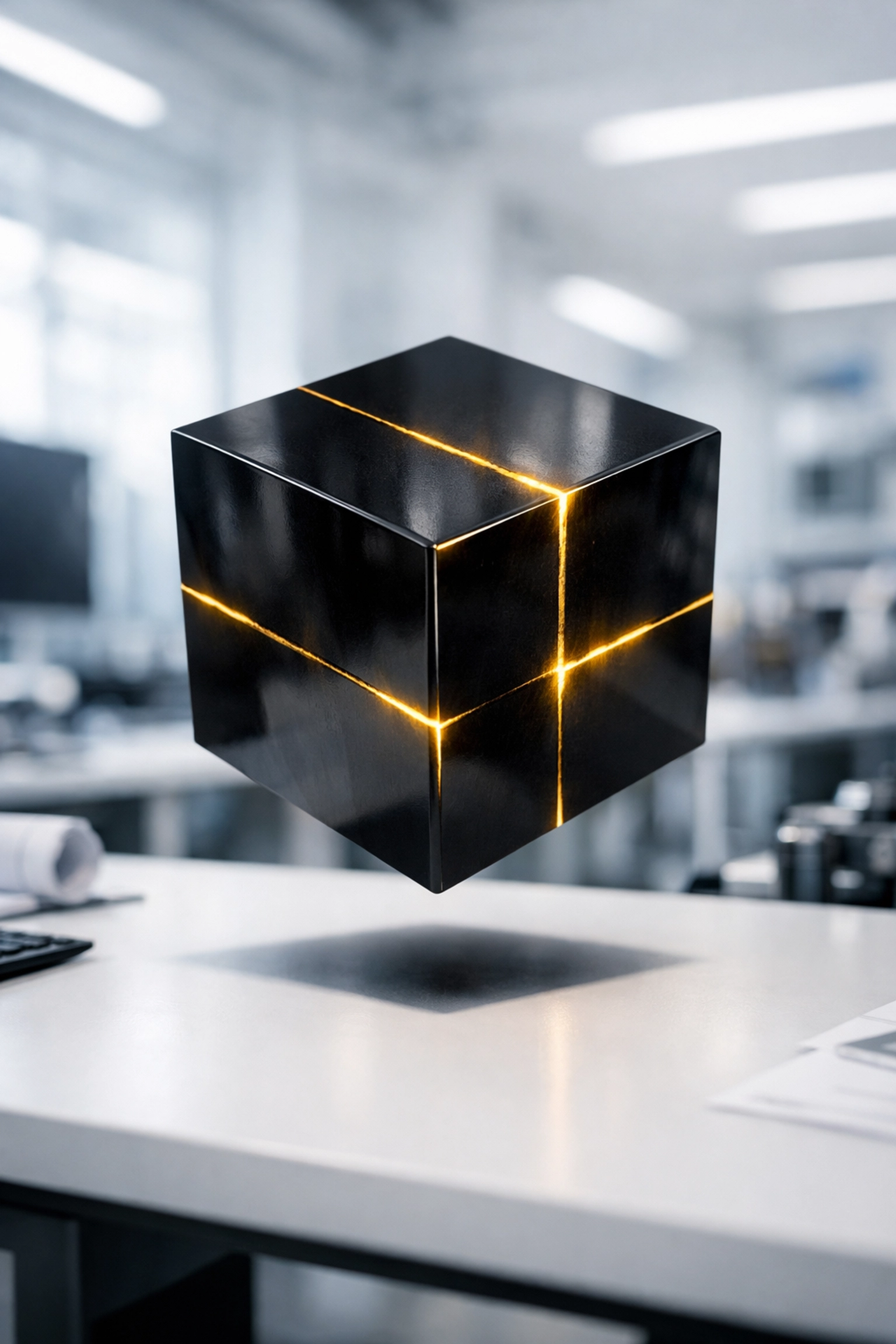 A glowing black cube on an office desk, symbolizing the complexity of inaccessible black box engineering automation.