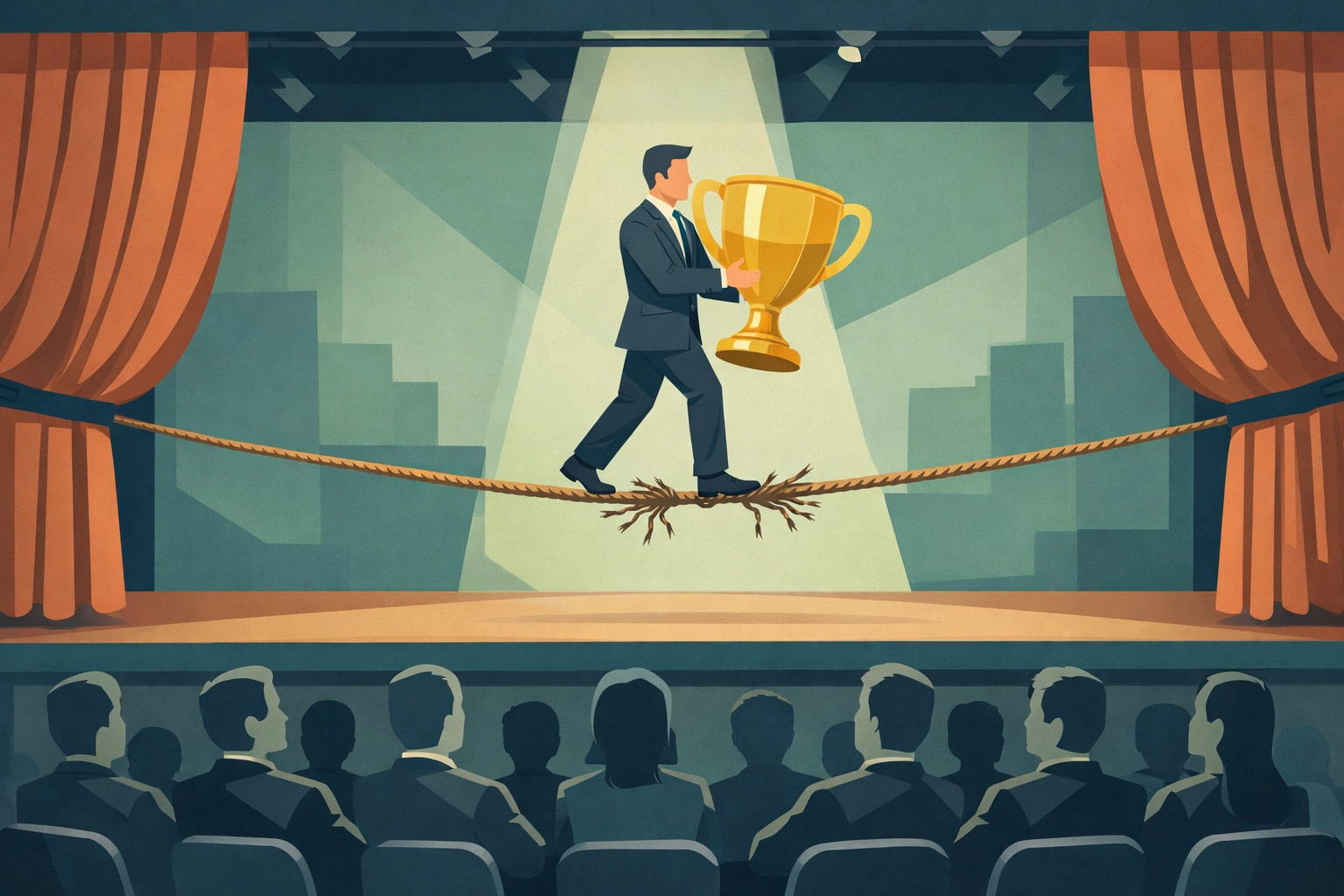 A corporate figure walking a fraying tightrope on a theater stage, symbolizing the performance of OKR success.