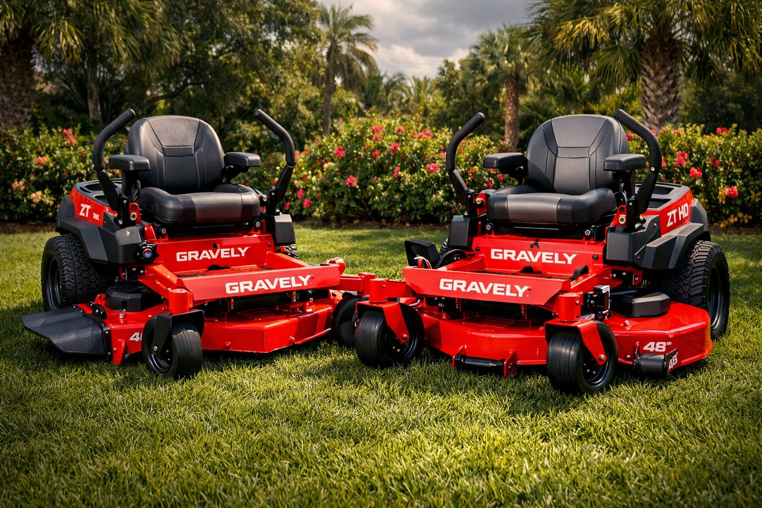 Gravely ZT XL 48 and ZT HD 48 zero-turn mowers side-by-side comparison on Florida property