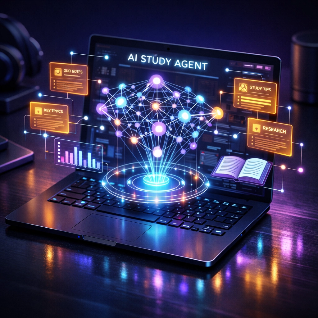 A futuristic digital workspace featuring an AI study agent and holographic tools for efficient learning.