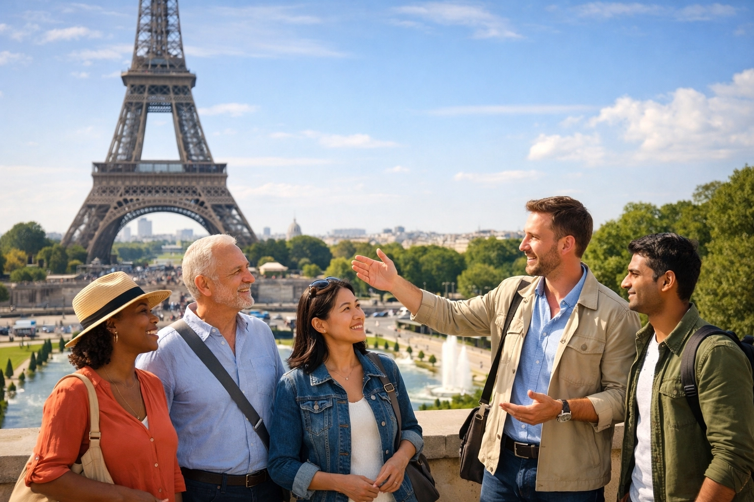 Travelers enjoying an international guided tour at a famous landmark