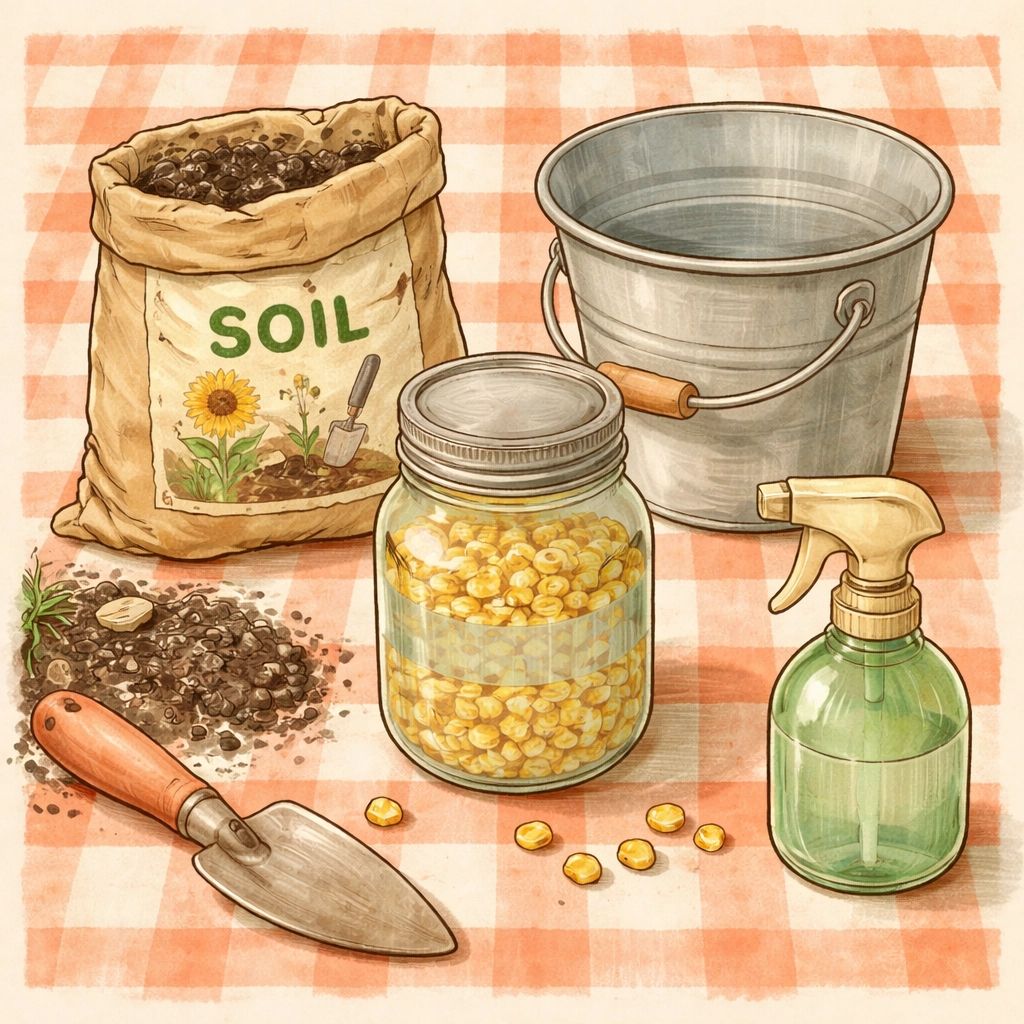 Overhead view of DIY popcorn garden supplies, including soil, popcorn kernels soaking in a jar, shallow bucket, and spray bottle on a retro tablecloth.
