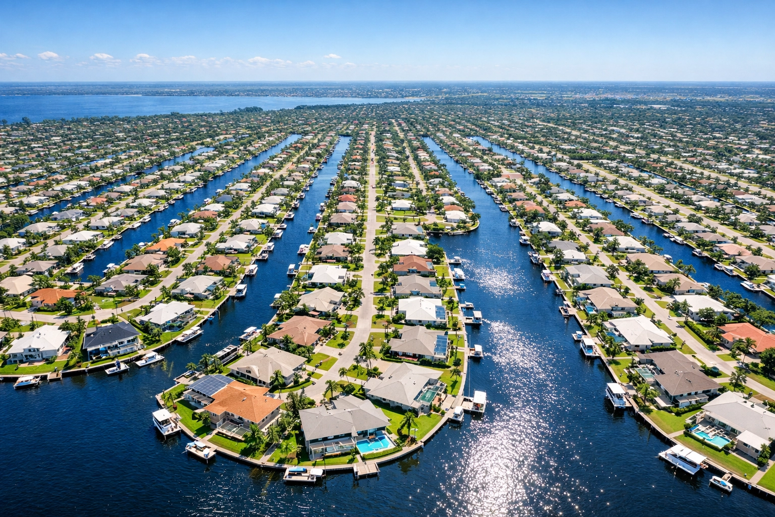 Aerial drone view of Cape Coral quadrants and the extensive canal system for waterfront living.