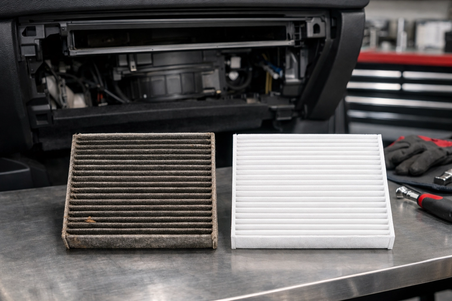 Dirty cabin air filter next to a clean replacement filter in a professional shop setting