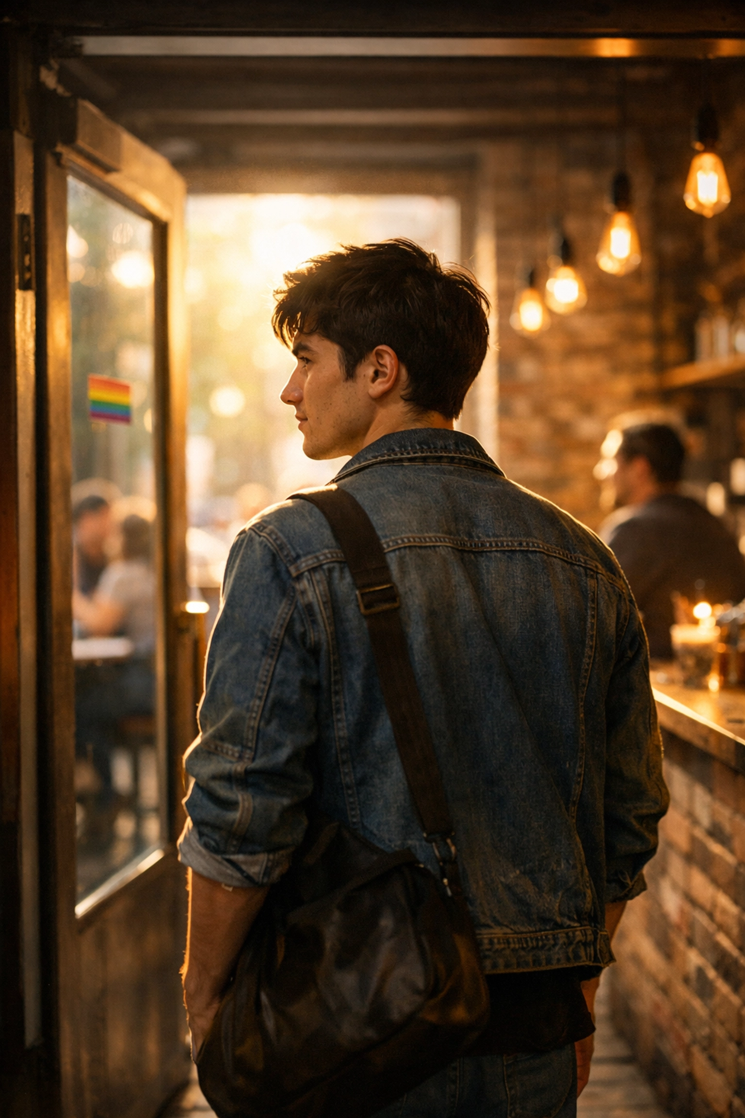 Two men meeting at coffee shop for their first gay date