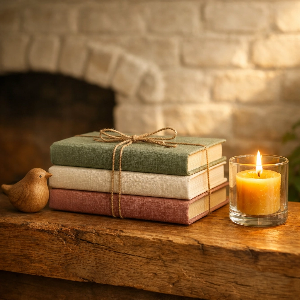 Linen-wrapped books and a carved bird on a mantle, representing one-of-a-kind artisan gifts for the home.