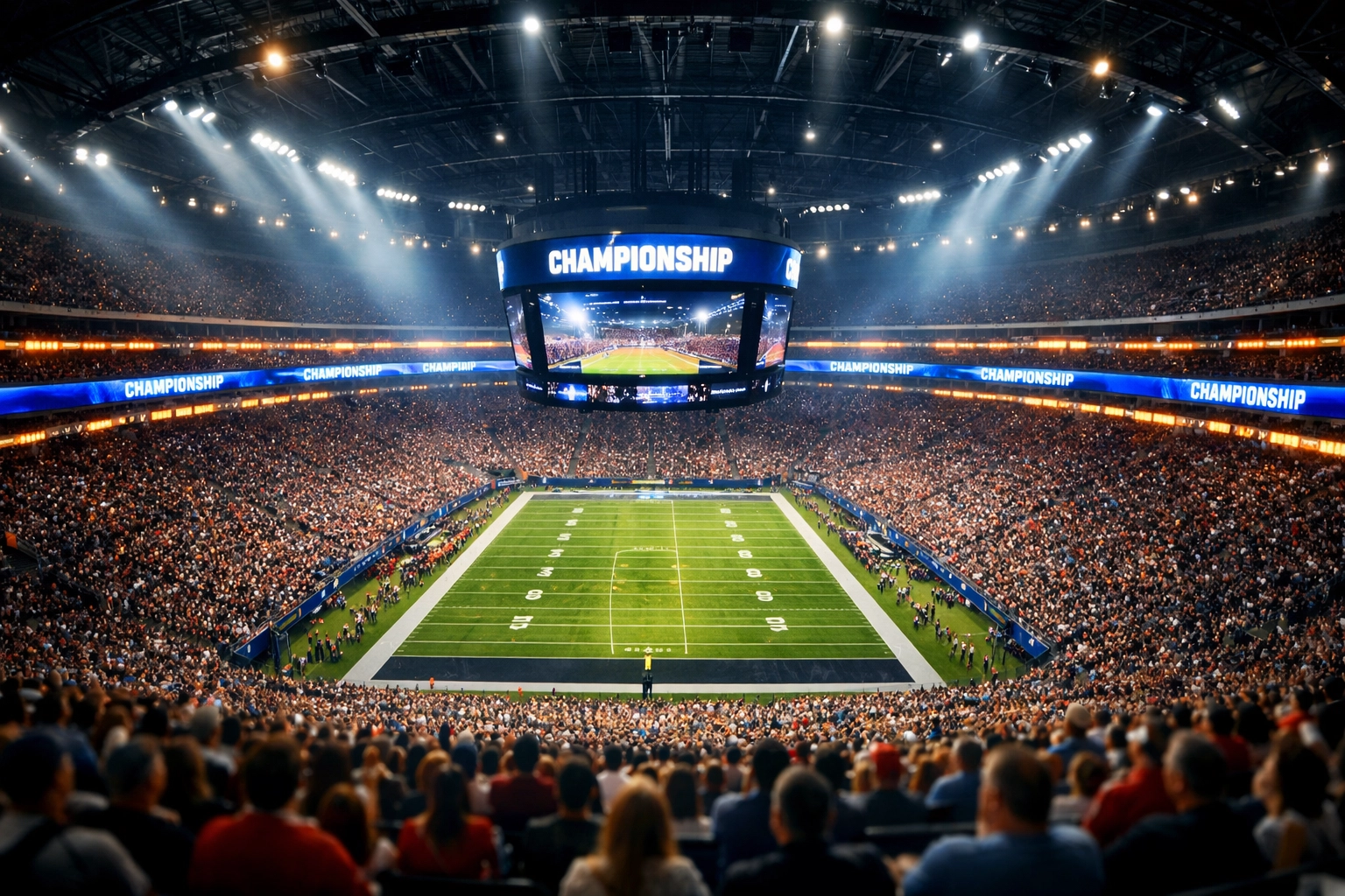 Professional sports stadium displaying integrated media solutions and digital branding for a global audience.