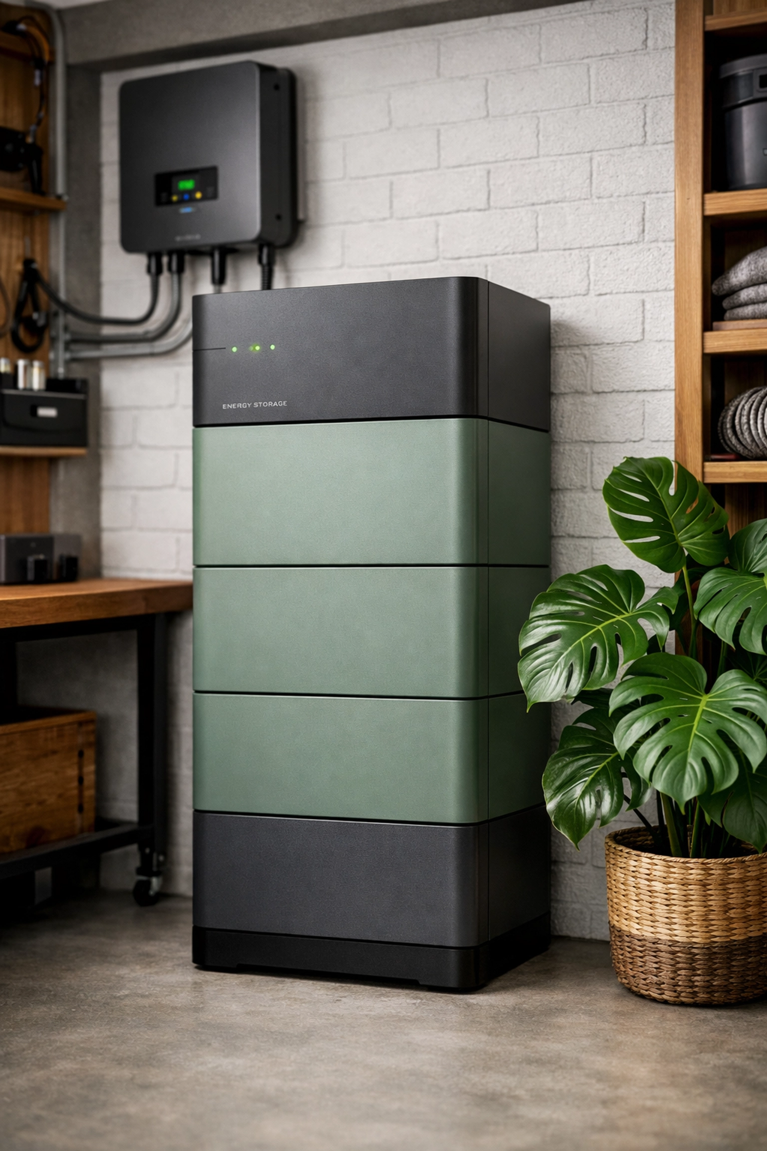 A sleek floor-standing solar battery unit installed in a clean, professional utility space.