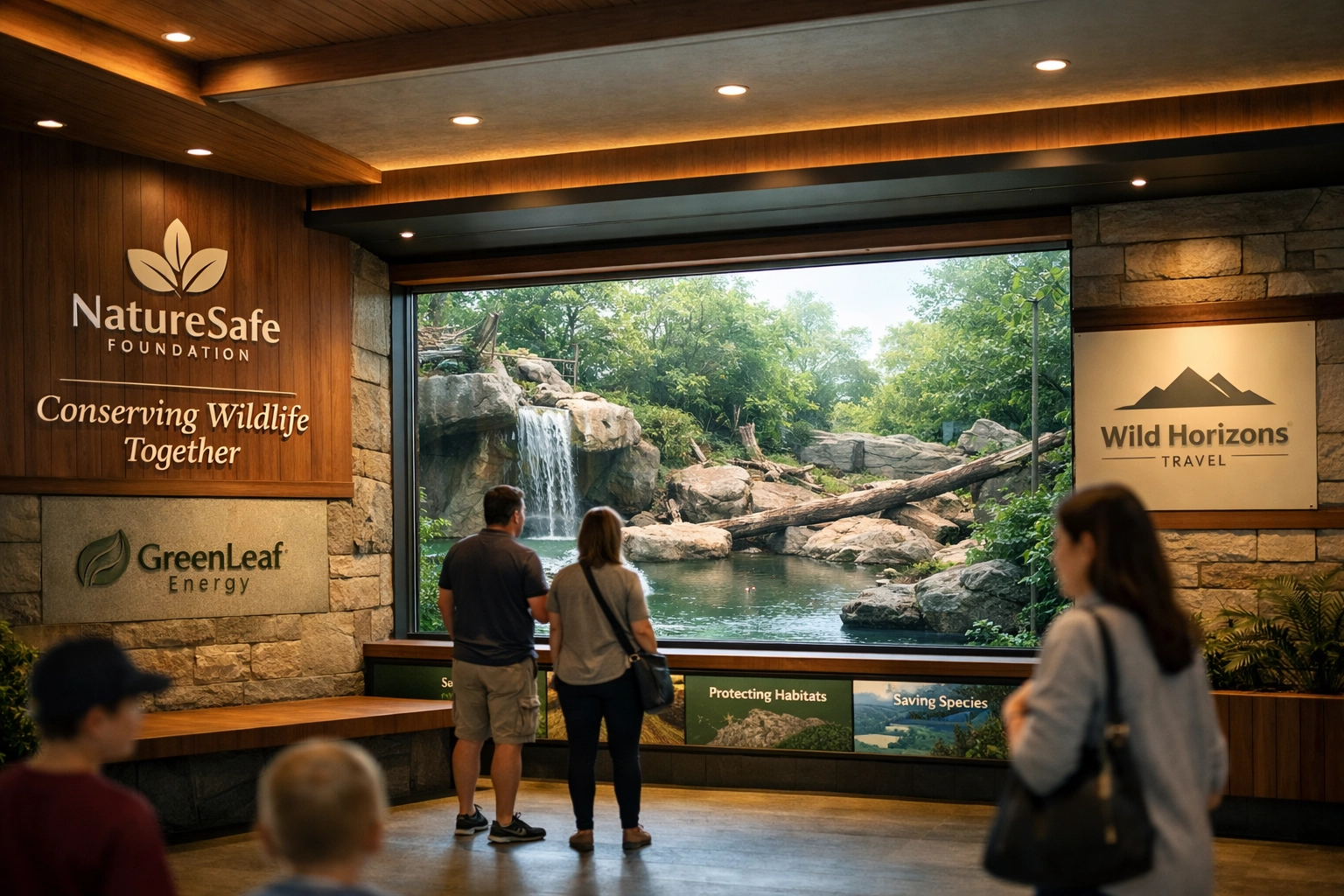 Branded conservation exhibit showcasing seamless sponsor integration in modern zoo habitat