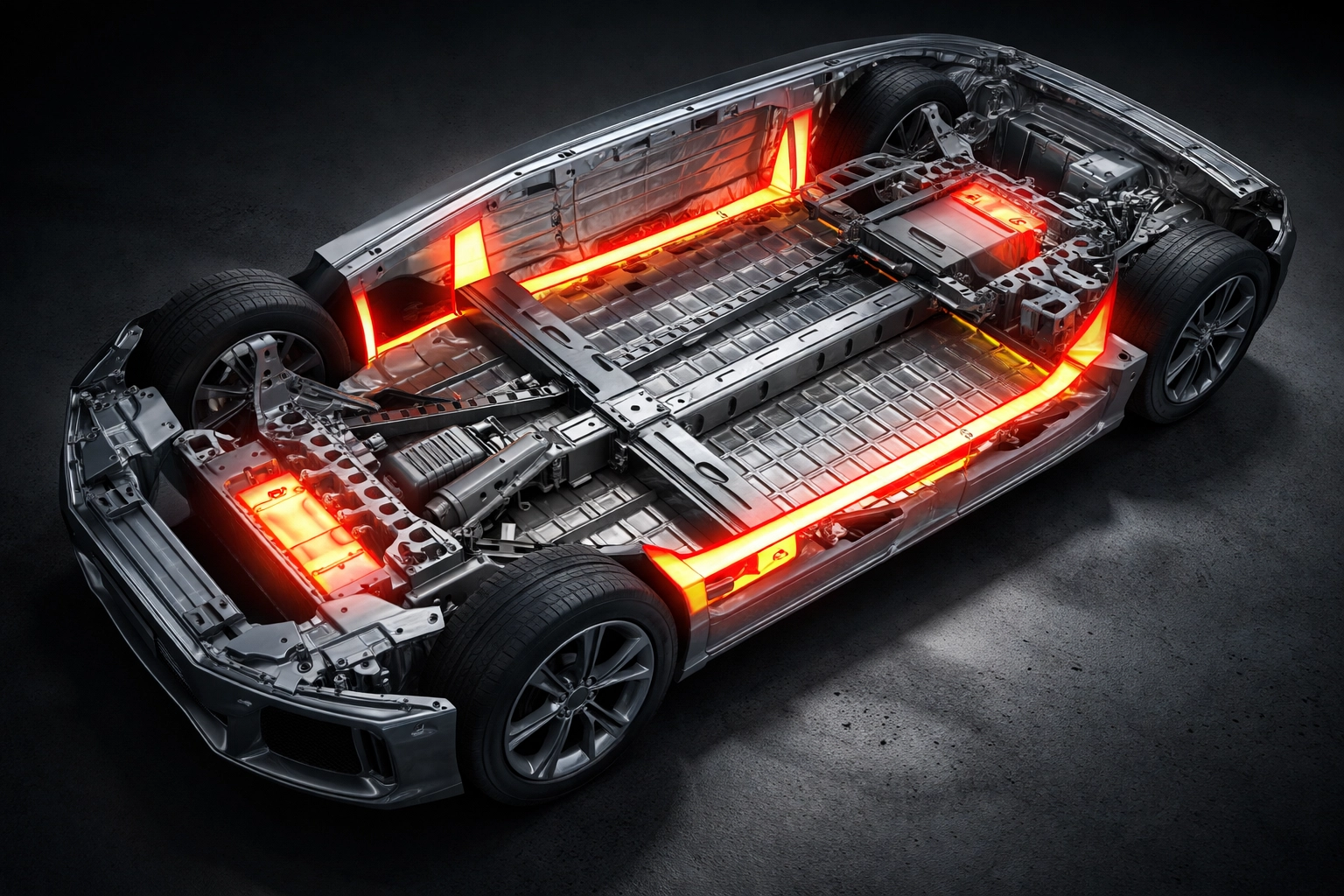 Cutaway view of a car chassis highlighting areas where factory rust protection is lacking on the underbody.