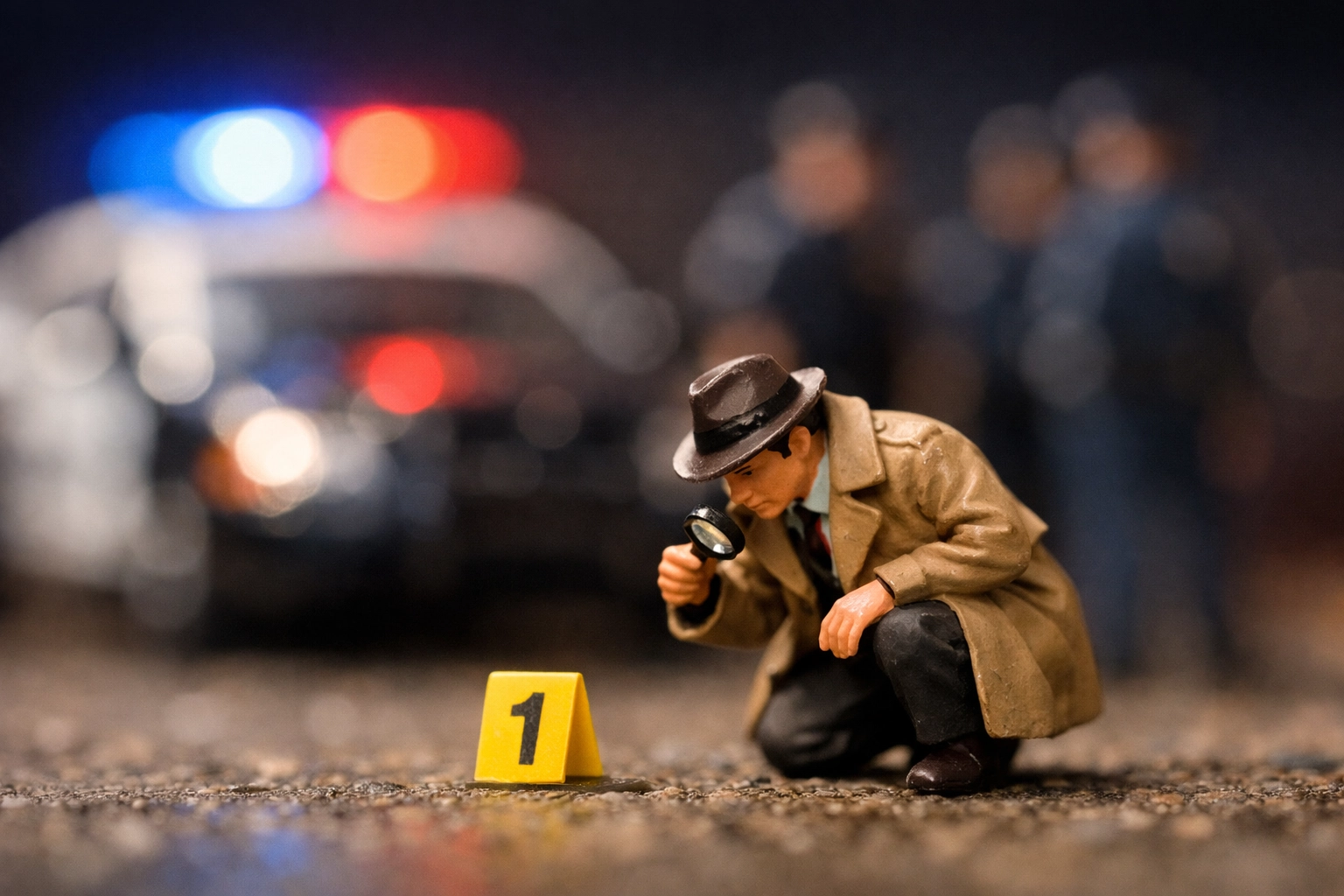 A close-up of diecast figures including a detective inspecting a miniature evidence marker.