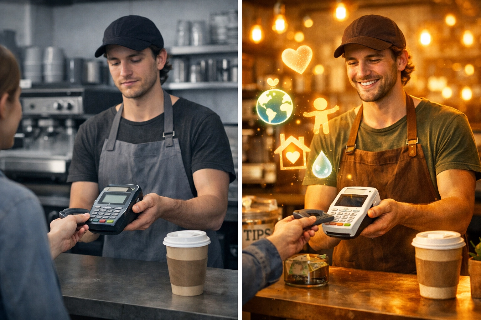 Comparison of traditional payment terminal versus Web3 charitable payment system