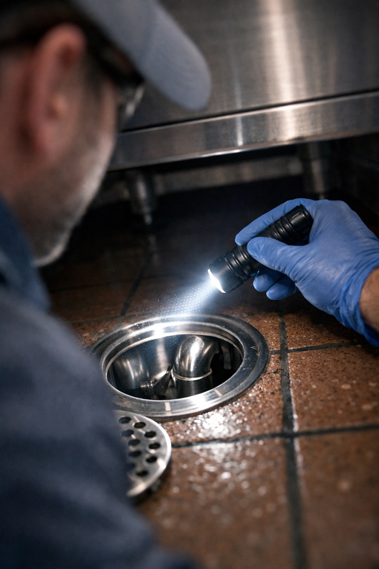 Westchester commercial pest control technician inspecting a kitchen floor drain with a flashlight for sanitation.