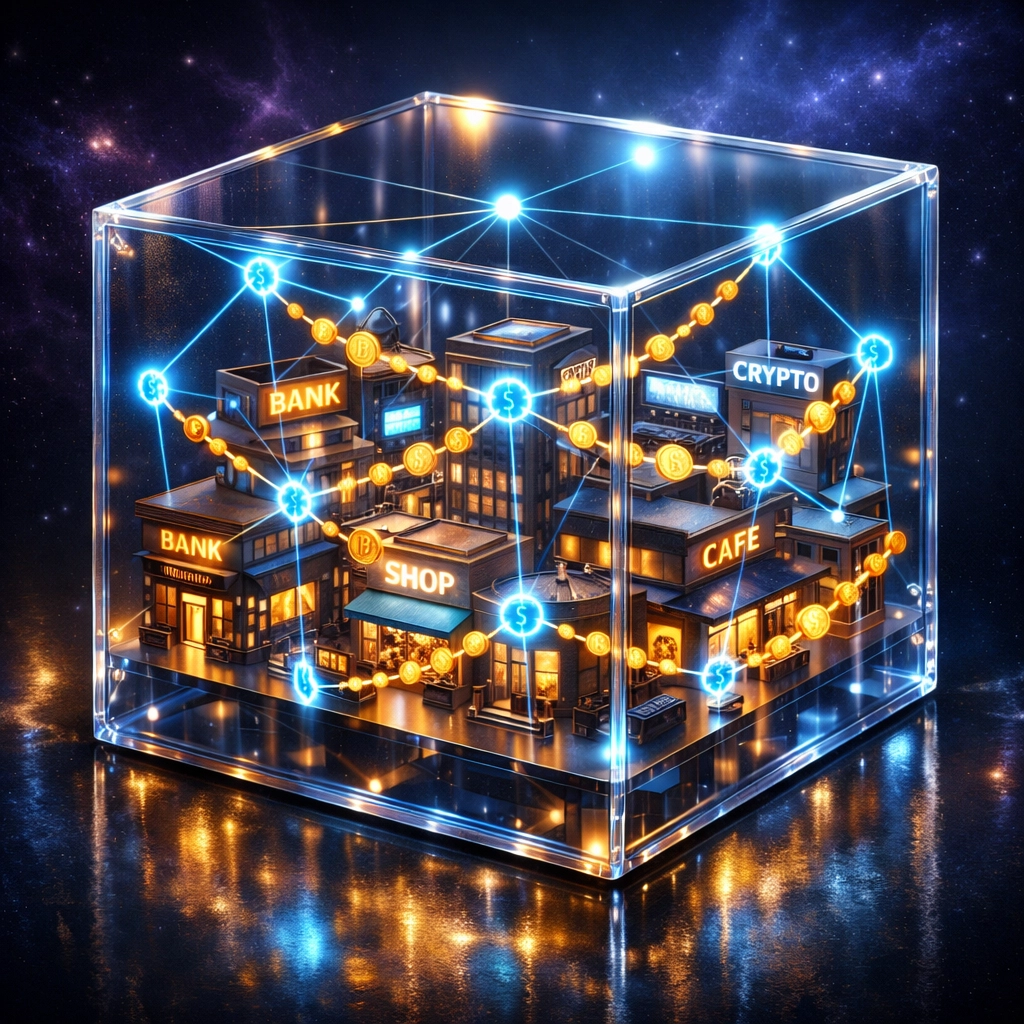 Blockchain network connecting merchant storefronts showing LareBlocks Layer 1 infrastructure