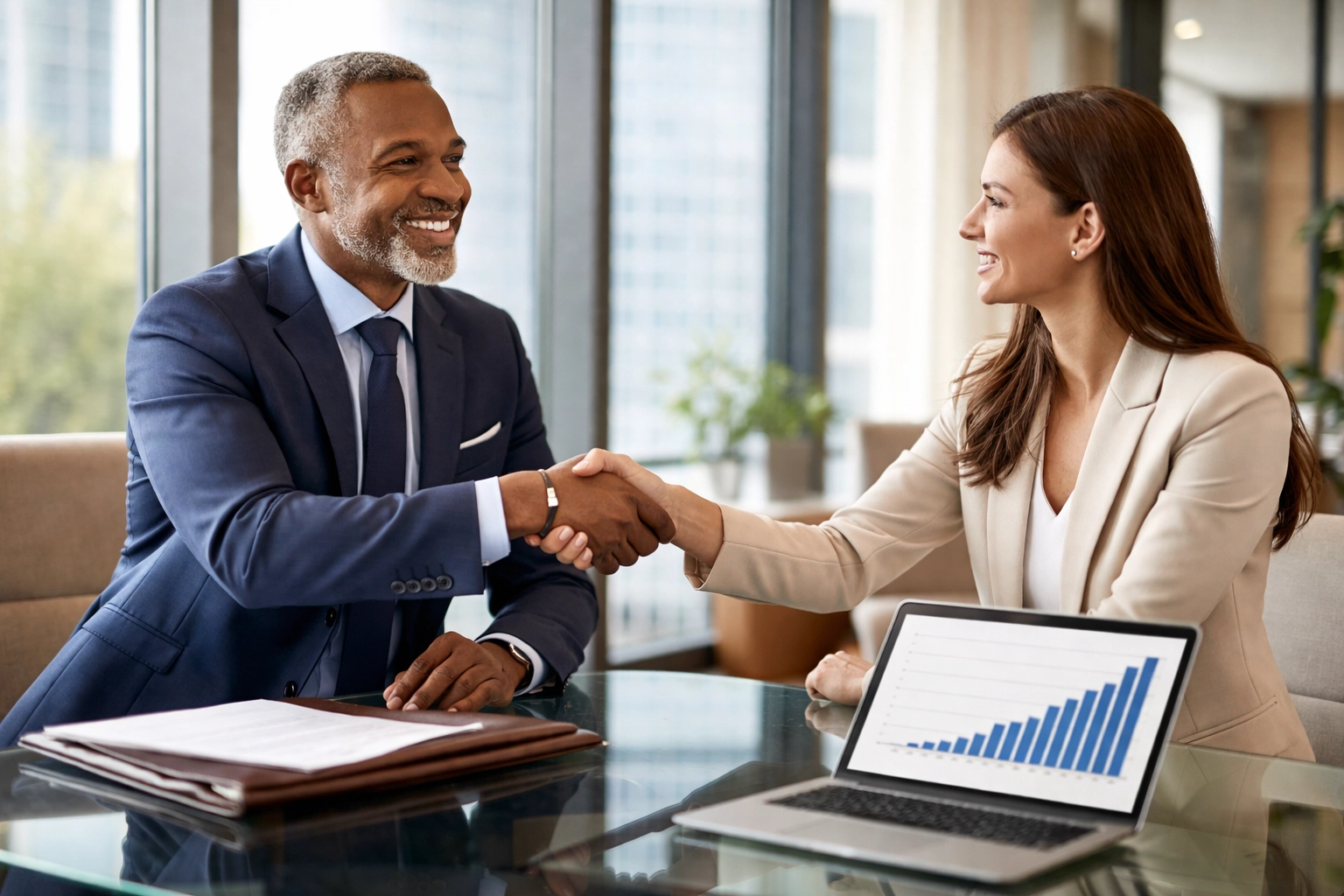 Executive coach and businesswoman shake hands in modern office after closing a high-value outcome-based coaching deal.