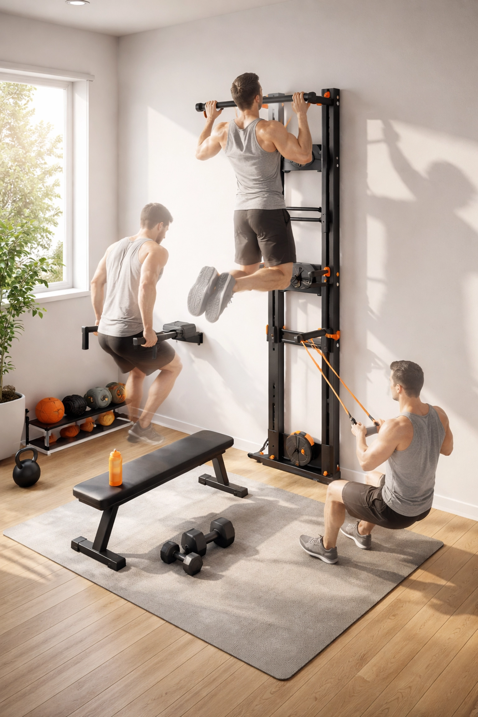 Minimalist home gym setup showcasing versatile exercises like pull-ups and rows on vertical rail for effective bodyweight training