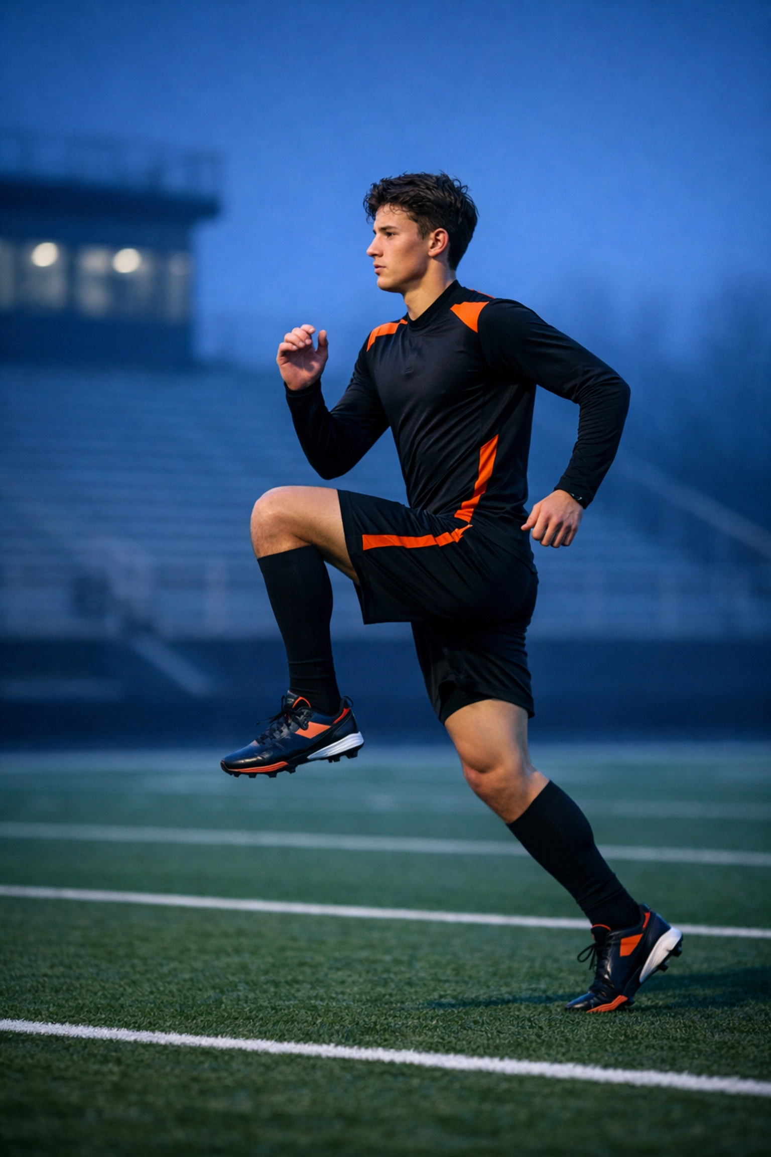 Football athlete performing a controlled tempo run for active recovery and elite speed training mechanics.