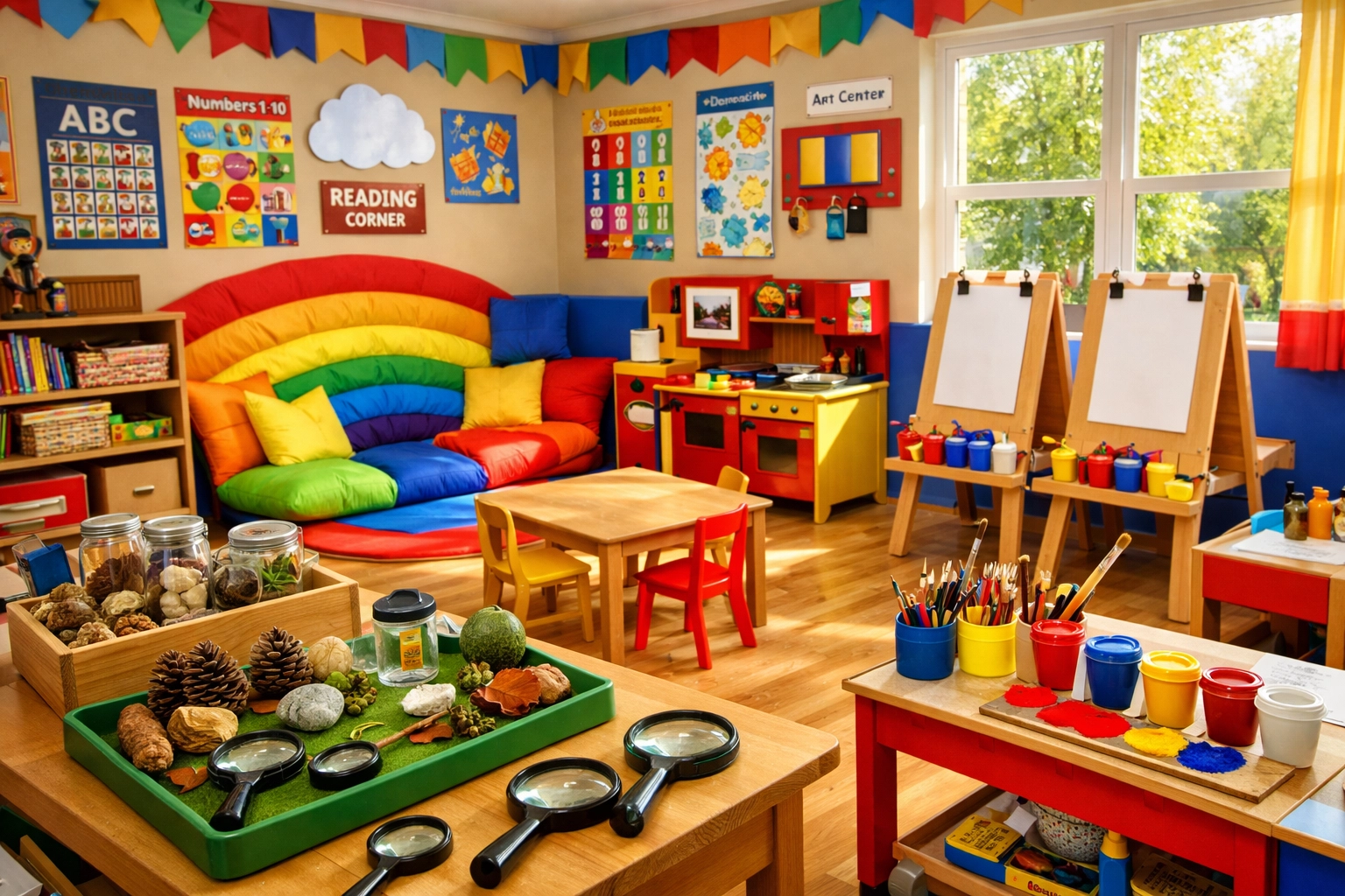 Modern preschool classroom with learning zones at McAllen childcare center