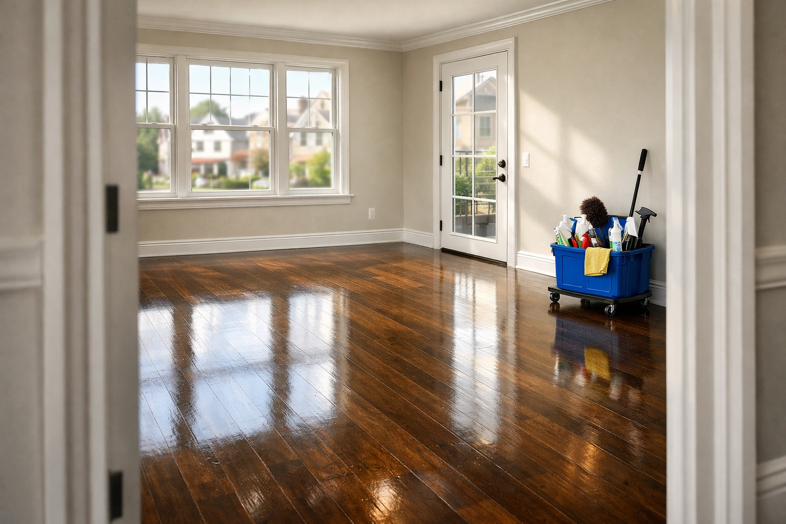 Polished hardwood floors in a move-in ready home cleaned by professional house cleaning in Fitchburg, MA.