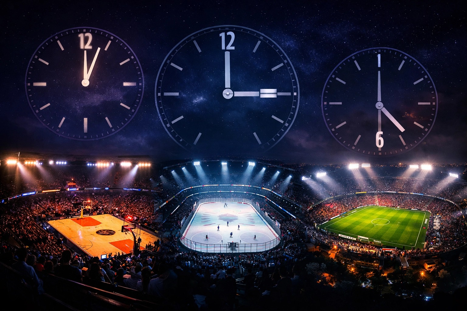 Beleuchtete Sportstadien weltweit - NBA, NHL und Fußball während nächtlicher Kick-offs in verschiedenen Zeitzonen