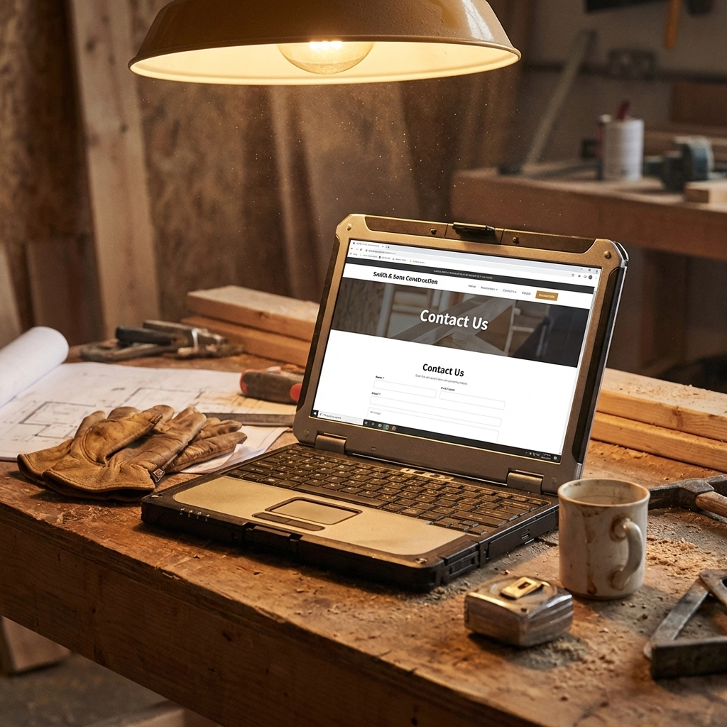 A contractor's laptop on a cluttered workbench displays a professional website with a contact form, showing the importance of websites for exclusive leads.