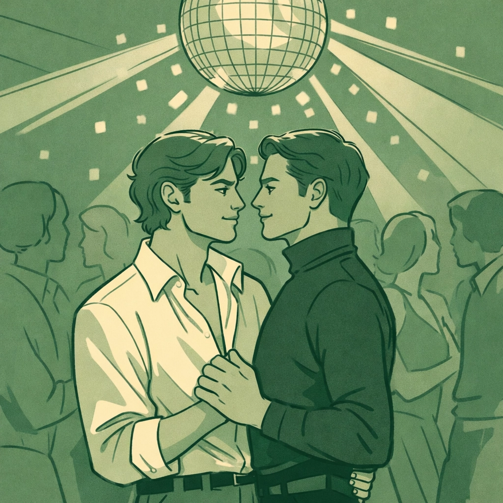 Two men dancing intimately at Studio 54 disco with disco ball lights in 1970s NYC nightclub