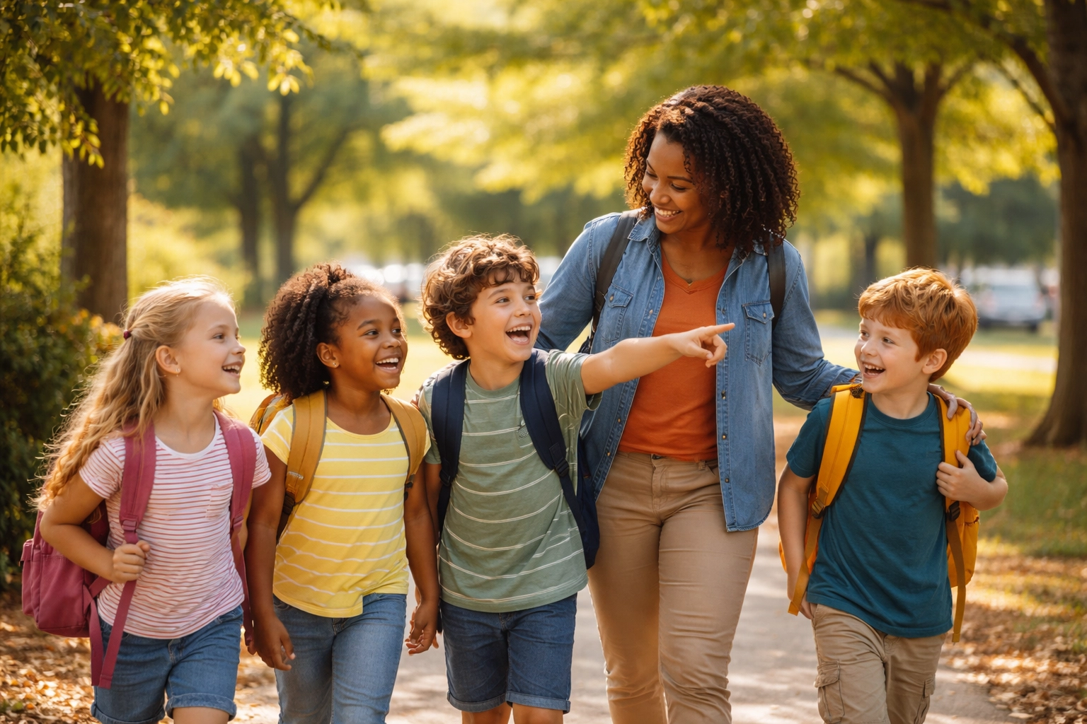 Children and an adult walk and laugh together in a sunny park during a Newnan GA social skills outing