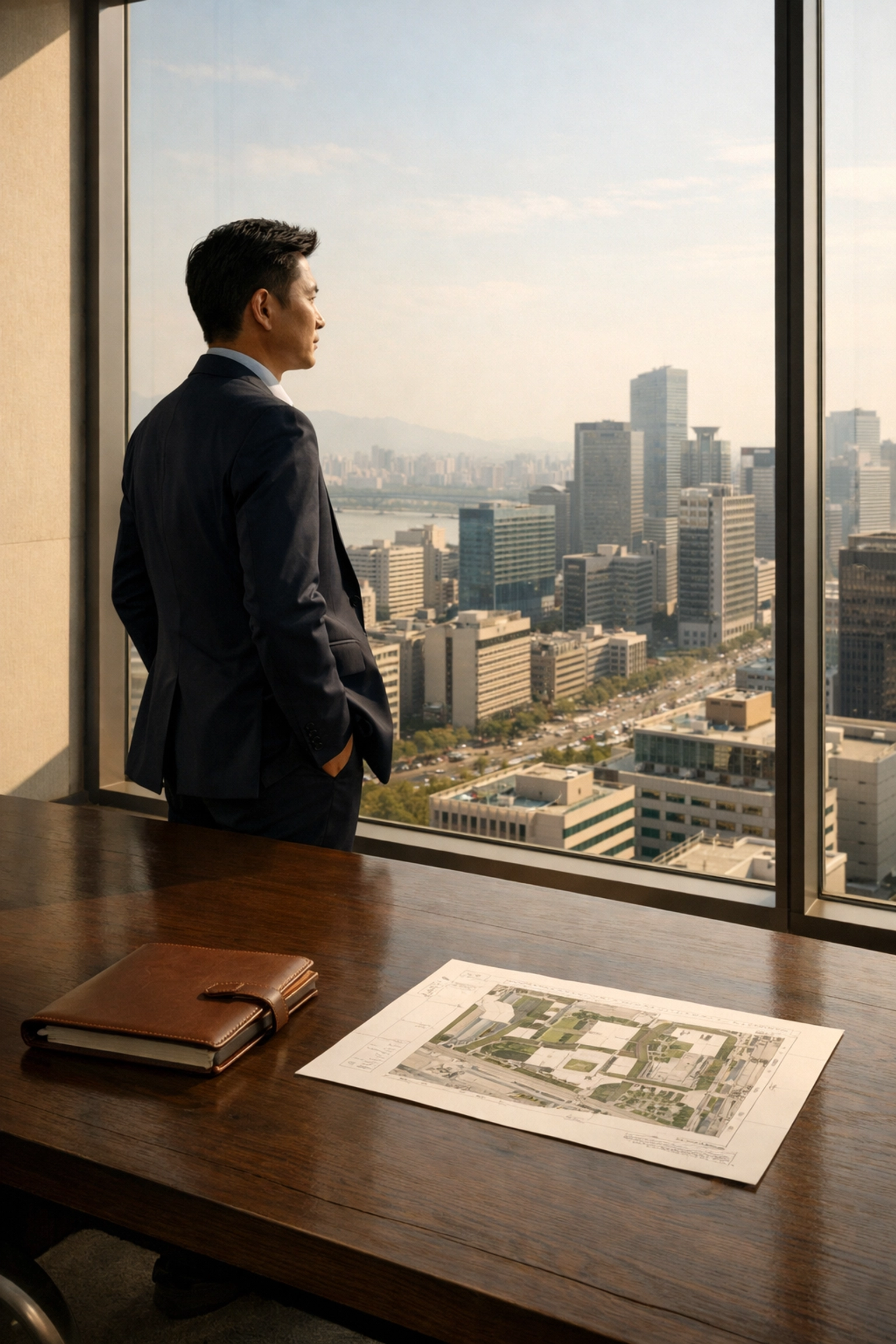 A business strategist in a Seoul boardroom overlooking the Yeouido financial district.