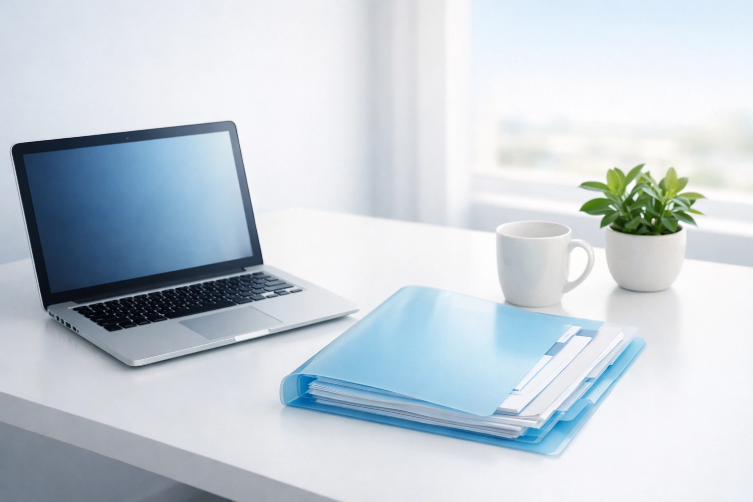 Organized Albert Lea office desk with laptop and files ready for QuickBooks bookkeeping cleanup.