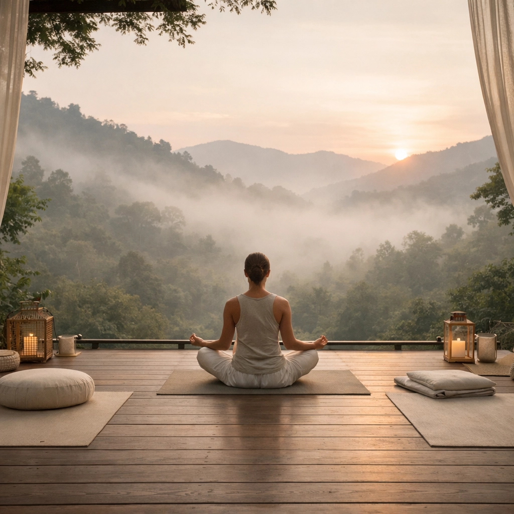 A peaceful wellness retreat in the mountains featuring a person meditating on a yoga deck at sunrise.