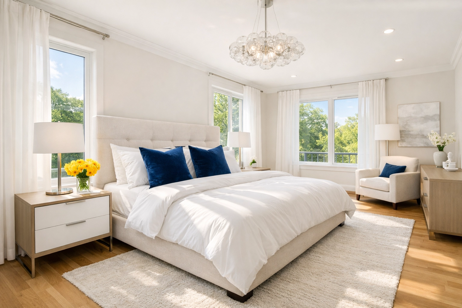 Sun-drenched, dust-free bedroom in Natick, MA, showcasing improved air quality after a professional deep clean.