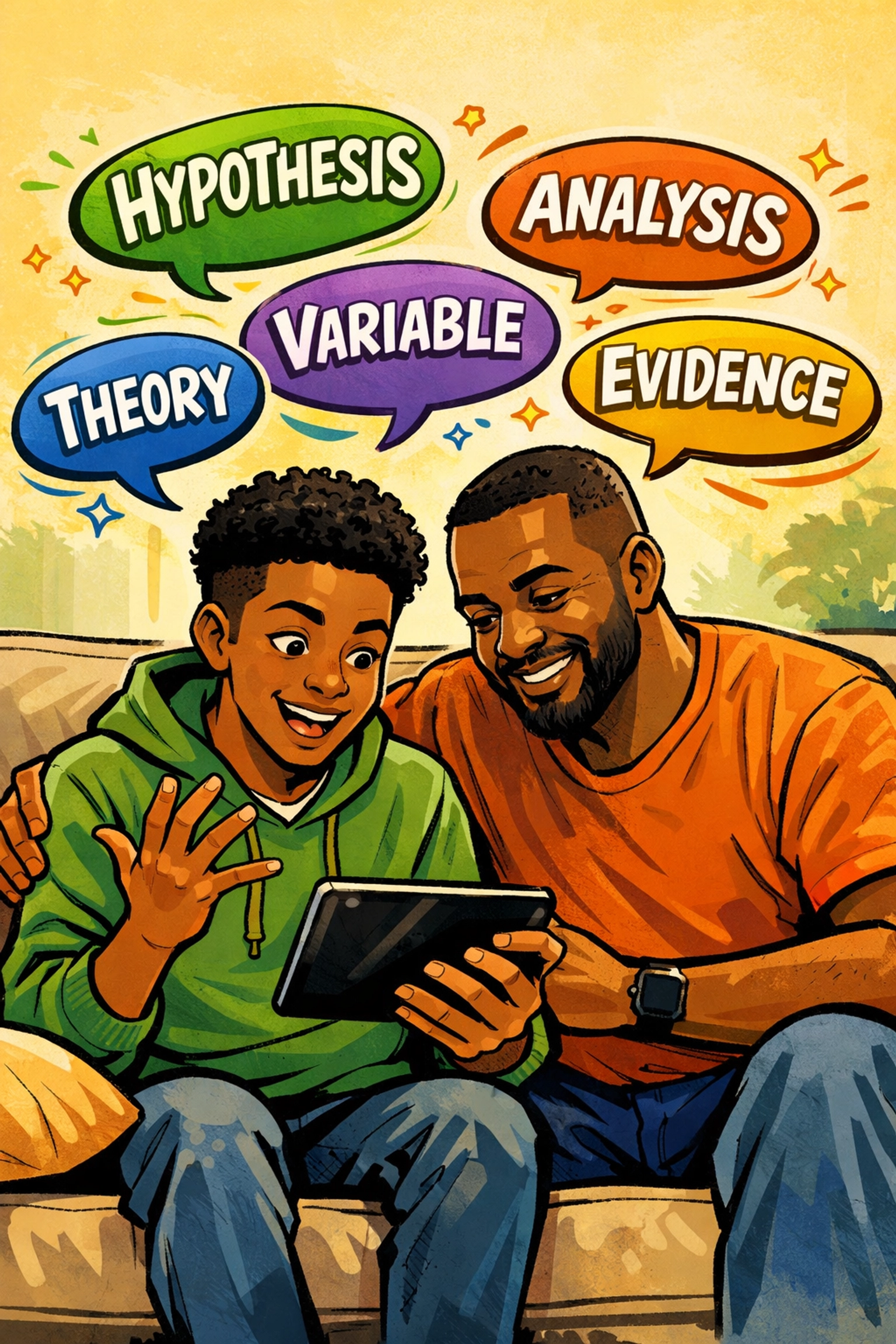 Black father and teenage son learning academic vocabulary together at home